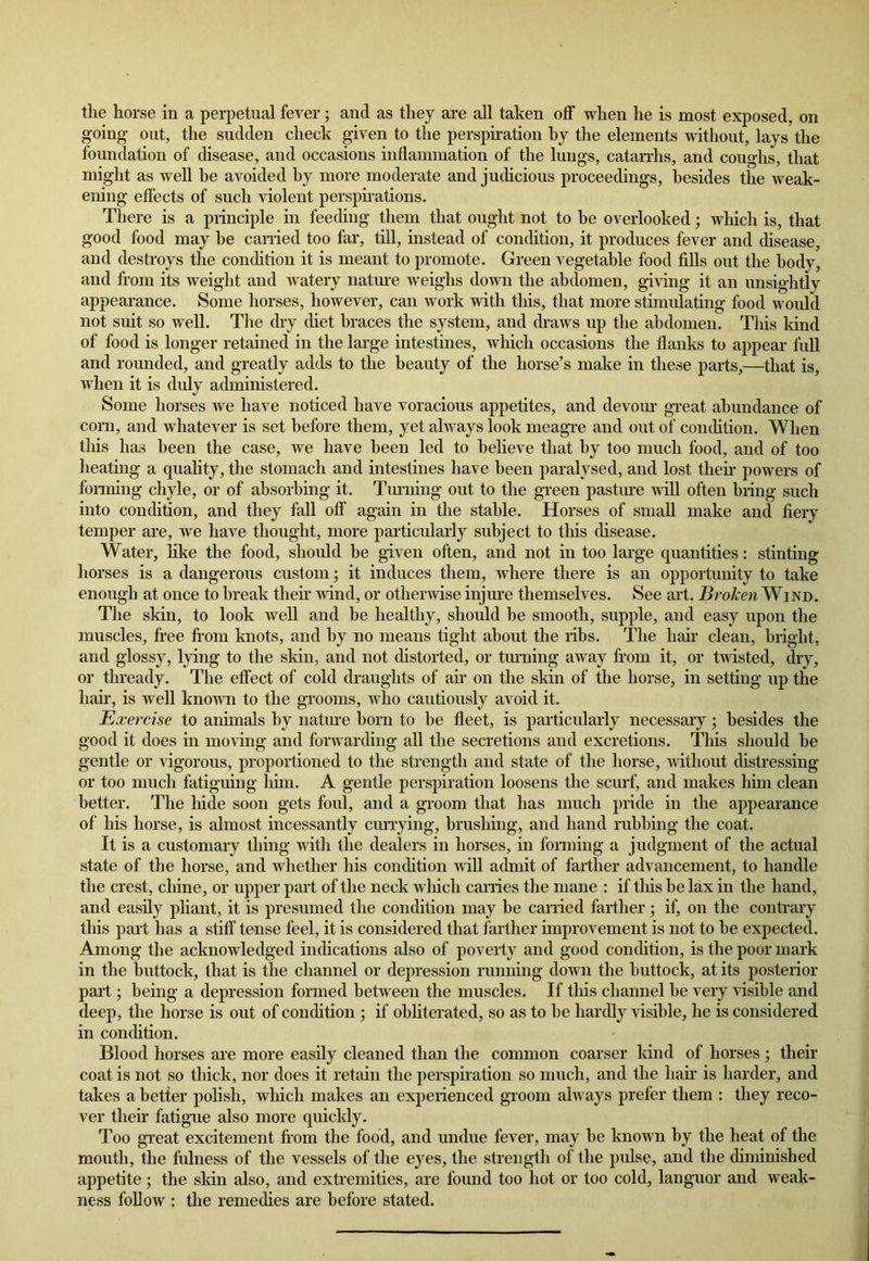 the horse in a perpetual fever; and as they are all taken off when he is most exposed, on going- out, the sudden check given to the perspiration by the elements without, lays the foundation of disease, and occasions inflammation of the lungs, catarrhs, and coughs, that might as well he avoided by more moderate and judicious proceedings, besides the weak- ening effects of such violent perspirations. There is a principle in feeding them that ought not to he overlooked; which is, that good food may be earned too far, till, instead of condition, it produces fever and disease, and destroys the condition it is meant to promote. Green vegetable food fills out the body, and from its weight and watery nature weighs down the abdomen, giving it an unsightly appearance. Some horses, however, can work with this, that more stimulating food would not suit so well. The dry diet braces the system, and draws up the abdomen. This kind of food is longer retained in the large intestines, which occasions the flanks to appear full and rounded, and greatly adds to the beauty of the horse’s make in these parts,—that is, when it is duly administered. Some horses we have noticed have voracious appetites, and devour great abundance of corn, and whatever is set before them, yet always look meagre and out of condition. When this has been the case, we have been led to believe that by too much food, and of too heating a quality, the stomach and intestines have been paralysed, and lost then- powers of forming chyle, or of absorbing it. Turning out to the green pasture will often bring such into condition, and they fall off again in the stable. Horses of small make and fiery temper are, we have thought, more particularly subject to this disease. Water, like the food, should be given often, and not in too large quantities: stinting horses is a dangerous custom; it induces them, where there is an opportunity to take enough at once to break their wind, or otherwise injure themselves. See art. Broken Wind. The skin, to look well and be healthy, should be smooth, supple, and easy upon the muscles, free from knots, and by no means tight about the ribs. The hair clean, bright, and glossy, lying to the skin, and not distorted, or turning away from it, or twisted, dry, or thready. The effect of cold draughts of air on the skin of the horse, in setting up the hair, is well known to the grooms, who cautiously avoid it. Exercise to animals by nature born to be fleet, is particularly necessary; besides the good it does in moving and forwarding all the secretions and excretions. This should be gentle or vigorous, proportioned to the strength and state of the horse, without distressing or too much fatiguing him. A gentle perspiration loosens the scurf, and makes him clean better. The hide soon gets foul, and a groom that has much pride in the appearance of his horse, is almost incessantly currying, brushing, and hand rubbing the coat. It is a customary thing with the dealers in horses, in forming a judgment of the actual state of the horse, and whether his condition will admit of farther advancement, to handle the crest, chine, or upper part of the neck which carries the mane : if this be lax in the hand, and easily pliant, it is presumed the condition may be carried farther; if, on the contrary this part has a stiff tense feel, it is considered that farther improvement is not to be expected. Among the acknowledged indications also of poverty and good condition, is the poor mark in the buttock, that is the channel or depression running down the buttock, at its posterior part; being a depression formed between the muscles. If this channel be very visible and deep, the horse is out of condition ; if obliterated, so as to be hardly visible, he is considered in condition. Blood horses are more easily cleaned than the common coarser kind of horses; their coat is not so thick, nor does it retain the perspiration so much, and the hair is harder, and takes a better polish, which makes an experienced groom always prefer them : they reco- ver their fatigue also more quickly. Too great excitement from the food, and undue fever, may be known by the heat of the mouth, the fulness of the vessels of the eyes, the strength of the pulse, and the diminished appetite; the skin also, and extremities, are found too hot or too cold, languor and weak- ness follow : the remedies are before stated.