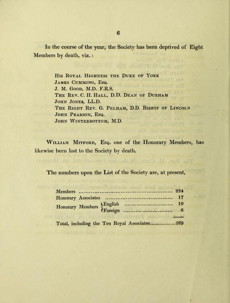 In the course of the year, the Society has been deprived of Eight Members by death, viz.: His Royal Highness the Duke of York James Cumming, Esq. J. M. Good, M.D. F.R.S. The Rev. C. H. Hall, D.D. Dean of Durham John Jones, LL.D. The Right Rev. G. Pelham, D.D. Bishop of Lincoln John Pearson, Esq. John Winterbottom, M.D. William Mitford, Esq. one of the Honorary Members, has likewise been lost to the Society by death. The numbers upon the List of the Society are, at present, Members Honorary Associates Honorary Members t Foreign 224 17 10 8 Total, including the Ten Royal Associates 269