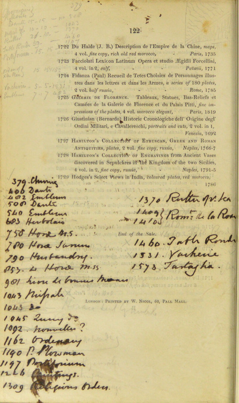 ’ \ , : V, 2/. . V W ■ ,p Q, $7- I') f ■*! « > 122 » ■ •N */ -: r> ■ '■ < £/,. it* / • 'Ift ' i/- 4 I •> - ;-a V* S' 7 1722 Du Halde (J. B.) Description de l’Empire de la Chine, maps, 4 vol.Jinecopy, rich old red morocco, - Paris, 1735 1723 Facciolati Lexicon Latinuni Opera et studio iEgidii Forcellini, 4 vol. in 2, calf, - - Patavii, 1771 1724 Fidanza (Paul) Recueil de Tetes Choisies de Personnages illus- tres dans les lettres et dans les Armes, a series of 180 plates, ' / 2 vol. half russia, - - Rome, 1785 1725 (T.frERiE de Flohence. Tableaux, Statues, Bas-Reliefs et Cam£es de la Galerie de Florence et du Palais Pitti,7?«e im- pressions of the plates, 4 vol. morocco elegant, Paris, IS 19 1726 Giustinian (Bernardo^Historic Cronologichc dell’ Origine degl’ Ordini Militari, e Uavallereschi, portraits and cuts, 2 vol. in 1, Venezia, 1692 1727 Hamilton’s CollecAAs’ of Etruscan, Greek and Roman Antiquities, plates, 2 Vol. fine copy, russia, Naples, 1766-7 1*28 Hamilton’s Collf.ctIaV of Engravings from Ancient Vases discovered in Sepulchres ifPTh^ Kingdom of the two Sicilies, 4 vol. in 9.,fine copy, russia,' * - Naples, 1791-5 1729 Hodges’s Select Wews in‘India, Coloured plates, red morocco, •'»' ’’ ‘ 1786 * ’ /b ...j:,.; /}/* fzlxjtik. S]V. J<* fdmTTnU 6. fir*-. End of the Sale. * - J /A 60 ^ / 3 3 / . 374 hOo Z**^ jU *P 2 ro<r> AfvvUx. ^ A 0 inPb lAsssfnrim**O J . J Po f^r+dL J(A^rvL~%* /f O . /i //(inkS- 77ft fs 7 3 . - j <$?/ ^ ^ /«4 3 /pZ/3 I-* / r ^ / ^2 . ? ///z. (rytUft&vy !/tjro P7%n/a>*+~. ';*h 7 London : Printed by W. Nicol, GO, Pall Mall.