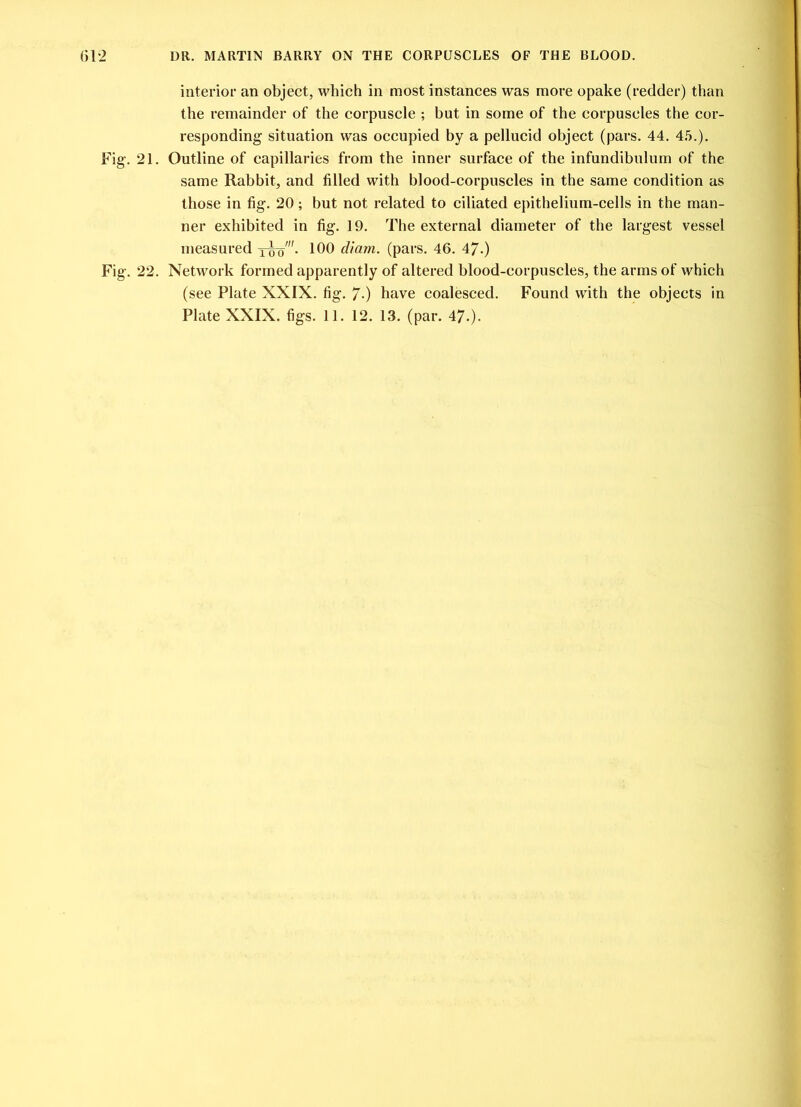 interior an object, which in most instances was more opake (redder) than the remainder of the corpuscle ; but in some of the corpuscles the cor- responding situation was occupied by a pellucid object (pars. 44. 45.). Fig. 21. Outline of capillaries from the inner surface of the infundibulum of the same Rabbit, and filled with blood-corpuscles in the same condition as those in fig. 20; but not related to ciliated epithelium-cells in the man- ner exhibited in fig. 19. The external diameter of the largest vessel measured two'- 100 diam. (pars. 46. 47.) Fig. 22. Network formed apparently of altered blood-corpuscles, the arms of which (see Plate XXIX. fig. 7-) have coalesced. Found with the objects in