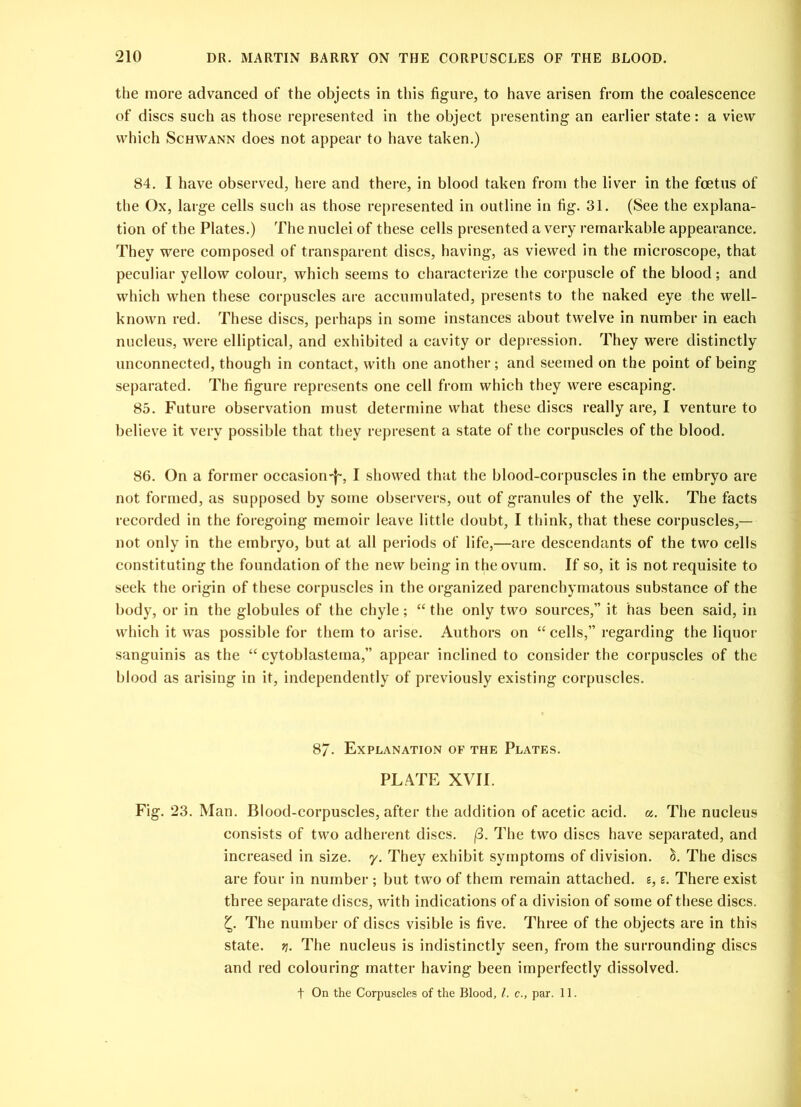 the more advanced of the objects in this figure, to have arisen from the coalescence of discs such as those represented in the object presenting an earlier state: a view which Schwann does not appear to have taken.) 84. I have observed, here and there, in blood taken from the liver in the foetus of the Ox, large cells such as those represented in outline in fig. 31. (See the explana- tion of the Plates.) The nuclei of these cells presented a very remarkable appearance. They were composed of transparent discs, having, as viewed in the microscope, that peculiar yellow colour, which seems to characterize the corpuscle of the blood; and which when these corpuscles are accumulated, presents to the naked eye the well- known red. These discs, perhaps in some instances about twelve in number in each nucleus, were elliptical, and exhibited a cavity or depression. They were distinctly unconnected, though in contact, with one another; and seemed on the point of being separated. The figure represents one cell from which they were escaping. 85. Future observation must determine what these discs really are, I venture to believe it very possible that they represent a state of the corpuscles of the blood. 86. On a former occasion-f', I showed that the blood-corpuscles in the embryo are not formed, as supposed by some observers, out of granules of the yelk. The facts recorded in the foregoing memoir leave little doubt, I think, that these corpuscles,— not only in the embryo, but at all periods of life,—are descendants of the two cells constituting the foundation of the new being in the ovum. If so, it is not requisite to seek the origin of these corpuscles in the organized parenchymatous substance of the body, or in the globules of the chyle; “the only two sources,” it has been said, in which it was possible for them to arise. Authors on “ cells,” regarding the liquor sanguinis as the “ cytoblastema,” appear inclined to consider the corpuscles of the blood as arising in it, independently of previously existing corpuscles. 8/. Explanation of the Plates. PLATE XVII. Fig. 23. Man. Blood-corpuscles, after the addition of acetic acid. a. The nucleus consists of two adherent discs. (3. The two discs have separated, and increased in size. y. They exhibit symptoms of division. The discs are four in number ; but two of them remain attached, s, 2. There exist three separate discs, with indications of a division of some of these discs. The number of discs visible is five. Three of the objects are in this state, y. The nucleus is indistinctly seen, from the surrounding discs and red colouring matter having been imperfectly dissolved, f On the Corpuscles of the Blood, l. c., par. 11.