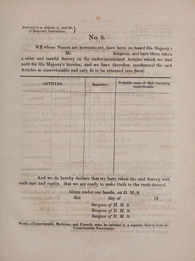of Surgeon's Instructions. ’ No. 8. Probable cause of their becoming unserviceable. _ And we do hereby declare that we have taken the said Survey with such care and equity, that we are ready to make Oath to the truth thereof. Given under our hands, on H. M.S. _ this day of A ey 18 | Surgeon of H. M.S. me Surgeon of H. M. S. Surgeon of H.M. S. NotrE,— Unserviceable Medicines and Utensils must be included in a separate Survey from the Unserviceable Necessaries.