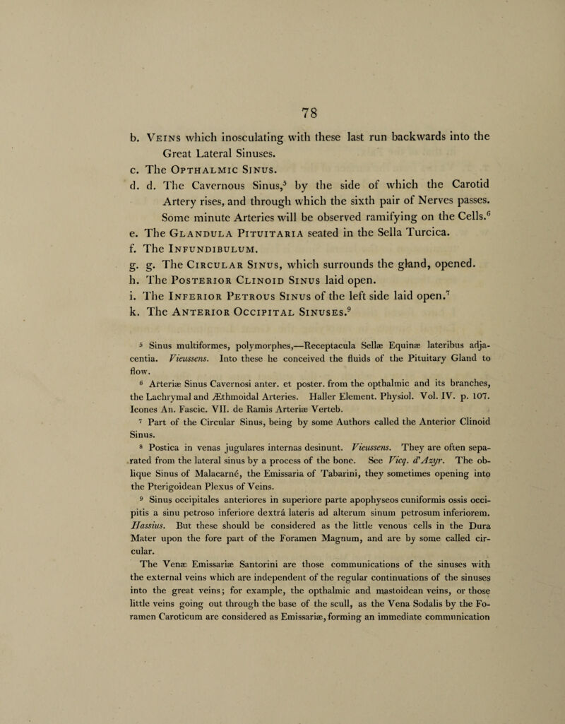 b. Veins which inosculating with these last run backwards into the Great Lateral Sinuses. c. The Opthalmic Sinus. d. d. The Cavernous Sinus,5 by the side of which the Carotid Artery rises, and through which the sixth pair of Nerves passes. Some minute Arteries will be observed ramifying on the Cells.6 e. The Glandula Pituitaria seated in the Sella Turcica. f. The Infundibulum. g. g. The Circular Sinus, which surrounds the gland, opened. h. The Posterior Clinoid Sinus laid open. i. The Inferior Petrous Sinus of the left side laid open.7 k. The Anterior Occipital Sinuses.9 5 Sinus multiformes, polymorphes,—Receptacula Sellae Equinae lateribus adja- centia. Vieussens. Into these he conceived the fluids of the Pituitary Gland to flow. 6 Arteriae Sinus Cavernosi anter. et poster, from the opthalmic and its branches, the Laclwymal and ./Ethmoidal Arteries. Haller Element. Physiol. Yol. IV. p. 107. leones An. Fascic. VII. de Ramis Arteriae Verteb. 7 Part of the Circular Sinus, being by some Authors called the Anterior Clinoid Sinus. 8 Postica in venas jugulares internas desinunt. Vieussens. They are often sepa¬ rated from the lateral sinus by a process of the bone. See Vicq. d'Azyr. The ob¬ lique Sinus of Malacarne, the Emissaria of Tabarini, they sometimes opening into the Pterigoidean Plexus of Veins. 9 Sinus occipitales anteriores in superiore parte apophyseos cuniformis ossis occi- pitis a sinu petroso inferiore dextra lateris ad alterum sinum petrosum inferiorem. Iiassius. But these should be considered as the little venous cells in the Dura Mater upon the fore part of the Foramen Magnum, and are by some called cir¬ cular. The Venae Emissariae Santorini are those communications of the sinuses with the external veins which are independent of the regular continuations of the sinuses into the great veins; for example, the opthalmic and mastoidean veins, or those little veins going out through the base of the scull, as the Vena Sodalis by the Fo¬ ramen Caroticum are considered as Emissariae, forming an immediate communication
