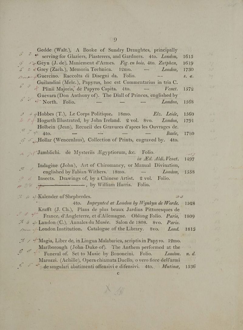 , , Gedde (Walt), A Booke of Sundry Draughtes, principally ditt - serving for Glaziers, Plasterers, and Gardners. Ato. London, 1615 G^ s Geyn (J. de), Maniement d'Armes. Fig. en bois. 4to. Zutphen, 1619 4&amp;4 £ 4'Grey (Zach.), Memoria Technica. 19mo. — London, 1790 p Rs ,/Guercino. Raccolta di Disegni da. l'olio. -- &amp;c d. , . Guilandini (Melc.), Papyrus, hoc est Commentarius in tria C. ^  4 Plinii Majoris, dé Papyro Capita. 4to. — Venet. 13579 . Guevara (Don Anthony of). The Diall of Princes, englished by ^  «*^NWorth. Folio. — — — London, 1568 4 4 «Hobbes (T.), Le Corps Politique. 18mo. Els. Leide, 1560 , - ^./ HogarthIllustrated, by John Ireland. 92 vol. 8vo. London, 1791 . Holbein (Jean) Recueil des Gravures d'apres les Ouvrages de. 4 WV AMO. — — — — Basle | 1780 c ^. Hollar (Wencenlaus), Collection of Prints, engraved by. Ato. A Ad ^Jamblichi. de Mysteriis /Egyptiorum, &amp;c. — Folio.  in ZEd. Aldi. Venet. 1497 Indagine (John), Art of Chiromancy, or Manual Divination, englished by Fabian Withers. 18mo. -— London, 1558 «4 ^ Insects. Drawings of, by a Chinese Artist. 2 vol. Folio. W^ E e by William Harris. Folio. d «2. P d 2 Z «Kalender of Shepherdes. 2s ^a 4to. Zmprynted at London by IVynkyn de IVorde. | 1598 ; . Krafft (J. Ch), Plans de plus beaux Jardins Pittoresques de E dira France, d'Angleterre, et d'Allemagne. Oblong Folio. Paris, 1809 4 4 J-Landon(C.) Annalesdu Musée. Salon de 1808. 8vo. Paris. ^ «London Institution. Catalogue of the Library. $8vo. | Lond. 1813 Jf 7 'f^Magia, Liber de, in Lingua Malabarica, scriptisin Papyro. 19mo. eR , Marlborough (John.Duke of) The Anthem performed at the -^  7 Funeralof. Setto Music by Bononcini. Folio. London. m. d. 2 Marozzi. (Achille), Opera chiamata Ducllo, o vero fiore dell'armi S047 Tade singulari abatimenti offensivie difensivi. 4to. Mutine, 1536 C