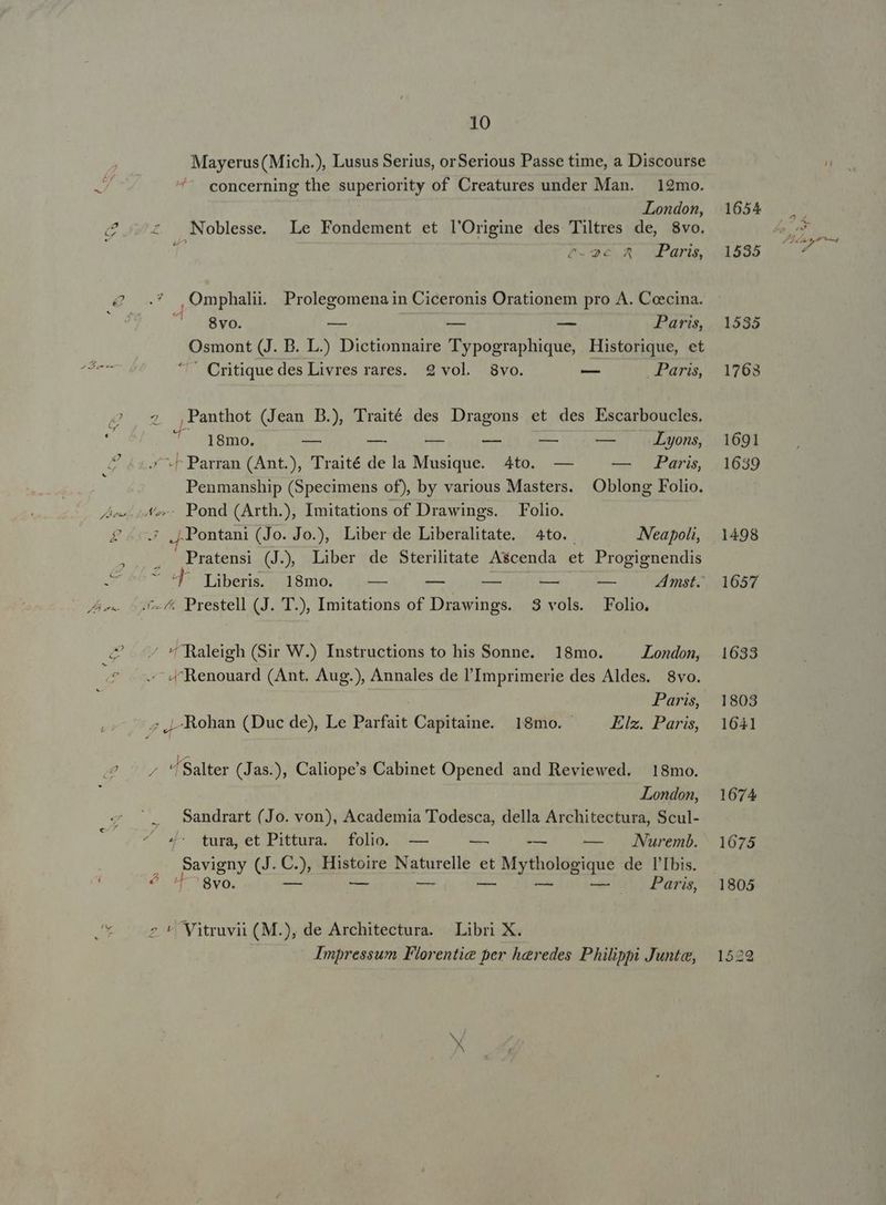 E NE 10 Mayerus (Mich.), Lusus Serius, orSerious Passe time, a Discourse concerning the superiority of Creatures under Man. 12mo. London, e-2c A Paris, 8vo. — — — Paris, Osmont (J. B. L.)) Dictionnaire Typographique, Historique, et ' Critiquedes Livres rares. 2 vol. 8vo. — Paris, 2; ,Panthot (Jean D.), Traité des Dragons et des Escarboucles. ^ ]8mo. -— — -—— -— — — Lyons, -F Parran (Ant.), Traité dela Musique. 4to. — — Paris, Penmanship (Specimens of), by various Masters. Oblong Folio. - Pond (Arth.), Imitations of Drawings. Folio. .jPontani (Jo. Jo.), Liber de Liberalitate. 4to.. Neapoli, Pratensi (J.)) Liber de Sterilitate Ascenda et Progignendis ' ^ Raleigh (Sir W.) Instructions to his Sonne. 18mo. London, 4^Renouard (Ant. Aug.), Annales de l'Imprimerie des Aldes. 8vo. Paris, ; J- Rohan (Duc de), Le Parfait Capitaine. 18mo. Elz. Paris, ^'Salter (Jas.), Caliope's Cabinet Opened and Reviewed. 18mo. London, Sandrart (Jo. von), Academia Todesca, della Architectura, Scul- 4- tura,et Pittura. folio. -— — -— — . Nuremb. . Savigny (J. Ü. S. RAE Naturelle et SUMPTA de l'Ibis. 5. Wd 8vo. vm — — . Paris, Lu us 2 * Vitruvii (M.), de Architectura. Libri X. Impressum Florentie per heredes Philippi Junte, 1654 1535 1763 1691 1639 1498 1657