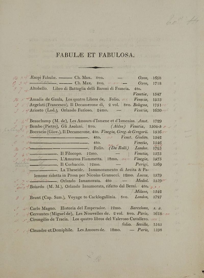 Pod FABUL/E ET FABULOSA. Ch. Max. $8vo. — Oxon, T. JEsopi Fabulz. 7 e Ch.Max. 8vo. — 5» — Oxon, Venetia, ^Amadis de Gaula, Los quatro Libros de, Folio. - ^ Fenecia, / */Ariosto (Lod.), Orlando Furioso. 24mo. — Venetia, -/ Beauchamp (M. de), Les Amours d'Ismene et d'Ismenias. 4st. ; Bembo (Pietro), Gli Asolani. |8vo. (Aldus) | Venetia, /3Baceacie (Giov.), Il Decamerone, 4to. P'inegia, Greg. de Gregori. Ato. t Venet. Giolito. o ÓMÁÀM———————————. Ato. Venetia, m —— Folio. (Da Rolli) «London. 46 ——————. M Filocopo. 12mo. — |. Fenetia, 4 LLL. L'Amorosa Fiammetta. | 18mo.. 0 Vinegia, COME BRUN, Il Corbaccio. | 12mo. d Parigi, . La Theseide. Innamoramento di Arcita &amp; Pa- lemone Erit tas in Prosa per Nicolas Granucci. 19mo. Lucca, el aera A . Orlando Innamorata. 4to. . — Mediol. ; 7 Boiardo (M. M. ) Orlando Innamorata, rifatto dal Berni. 4to. - Milano, ;— jBrunt (Cap. Sam) Mesue to Cacklogallinia. 8vo. London, 5'/Carlo Magno. Historia del Emperador. . 12mo. Barcelona, 4Cervantes (Miguelde), Les Nouvelles de. 2vol. 8vo. Paris, ;, Cirongilio de 'Tracia. | Los quatro libros del Valeroso Cavallero. | folio. . Sevilla, / ;/'Cleandre et Domiphile. Les Amoursde. . 18mo. — Paris, 1698 1718 1547 1533 1799 1579 AT (»- 7 1542 1727 $.. 4. AX: ] 1545 1598