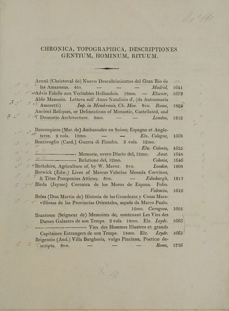 GENTIUM, HOMINUM, RITUUM. Acunàa (Christoval de) Nuevo Descubrimientos del Gran Rio de 1 las Amazonas. 4to. — — — Madrid, Advis Fidelle aux Veritables Hollandois. 18mo. — Elszevir, . Aldo Manuzio. Lettera sull' Anno Natalizio d', (da Antonmaria ^ ** Amoretti) — — Zmp.in Membranis, Ch. Max. 8vo. Roma, Ancient Reliques, or Delineations of Monastic, Castellated, and cie f Domestic Architecture. S$mo. — — London, , Bassompiere (Mar. de) Ambassades en Suisse, Espagne et Angle- ^T terre. 2 vols. 18mo. SENI t nus Els.. Cologne, Bentivoglio (Card.) Guerra di Fiandra. 3 vols. 12mo. d Ez. Colonia, ^X —————— —- Memorie, overo Diario del, 19mo.. — mast. Zo AE ce Relatione del, Iemo. Colonia, 2 *Berkshire, Agriculture of, by W. Mavor. 8vo. London, : Berwick (Edw.) Lives of Marcus Valerius Messala Corvinus, ^ & Titus Pomponius Atticus. 8vo. — Edinburgh, —/ Bleda (Jayme) Coronica de los Moros de Espana. Folio. Valencia, Bolea (Don Martin de) Historia de las Grandezas y Cosas Mara- 7- villiosas de las Provincias Orientales, sacada da Marco Paulo. 19mo. Caragosa, Brantome (Seigneur de) Memoires de, contenant Les Vies des Dames Galantes de son Temps. 2 vols. 18mo. Elz. Leyde. —— ————-———-—-- Vies des Hommes Illustres et. grands Capitaines Estrangers de son Temps. 18mo. Elz. /Zeyde. Brigentio (And.) Villa Burghesia, vulgo Pinciana, Poeticz de- 4 — — fsewipta. 8vo. — — — Eome, — — M— man : ——————