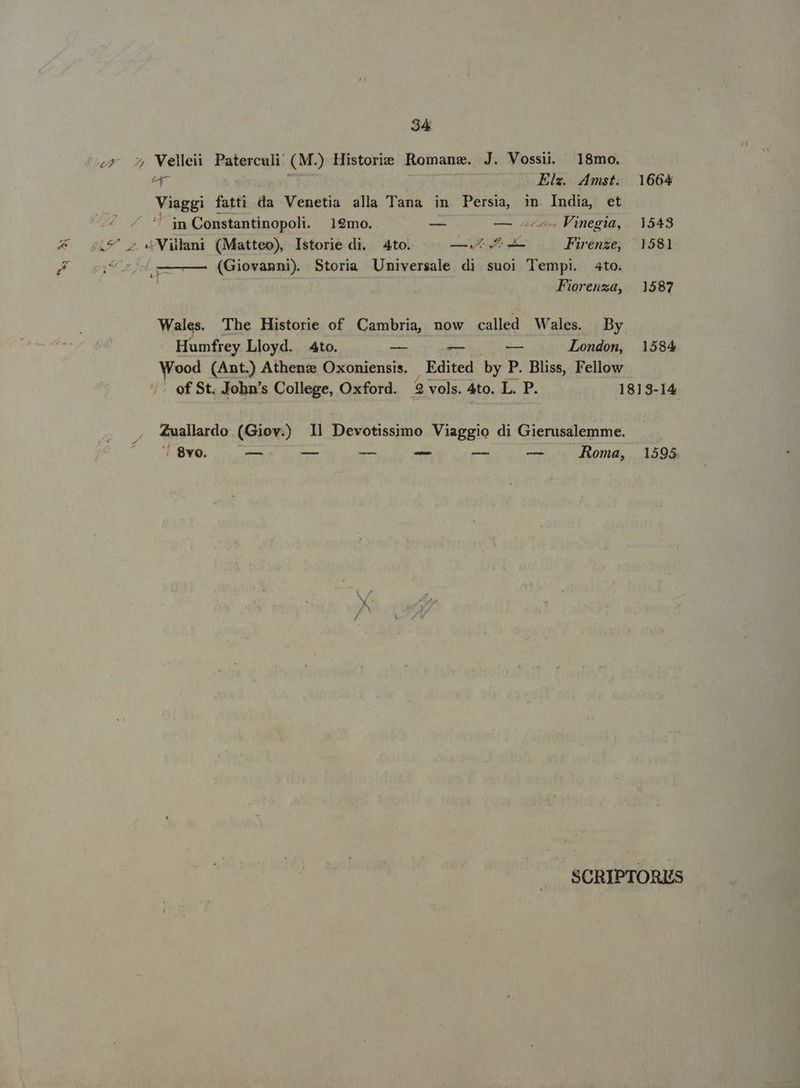 E 34 e 5 Wellei Paterculi (M. ) Historie Romanz. J. Vossii. 18mo. er Elz. 4mst. 1664 Viaggi fatti da Venetia alla Tana in Persia, in. India, et ' jn Constantinopoli. 19mo. — — c Vinegia, 1543 u^ z «Villani (Matteo), Istorie di. 4to. Ve V) i Firenze, 1581 et a (Giovanni) Storia Licsiccib ie d di suoi Tempi. ato. Fiorenza, 1587 Wales. The Historie of Cambria, now called Wales. By Humfrey Lloyd. Ato. -— — — London, 1584 Wood (Ant.) Athenz Oxoniensis. Edited by P. Bliss, Fellow . of St. John's College, Oxford. 2 vols. 4to. L. P. 1813-14 Zuallardo (Giov. Il Devotissimo Viaggio di Gierusalemme. / 8vo. c -— — — — — Roma, 1595 SCRIPTORES