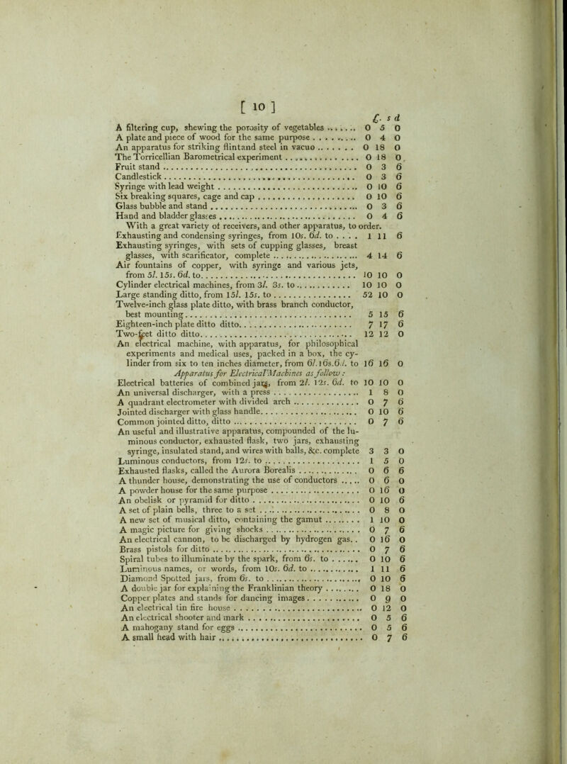 A plate and piece of wood for the same purpose O 4 O An apparatus for striking flintand steel in vacuo 0 18 O The Torricellian Barometrical experiment .. 0 18 O Fruit stand , O 3 6 Candlestick O 3 6 Syringe with lead weight 0 10 6 Six breaking squares, cage and cap 0 10 6 Glass bubble and stand O 3 6 Hand and bladder glasses O 4 6 With a great variety ot receivers, and other apparatus, to order. Exhausting and condensing syringes, from 10r. 6d. to ... . Ill (5 Exhausting syringes, with sets of cupping glasses, breast glasses, with scarificator, complete 4 14 6 Air fountains of copper, with syringe and various jets, from 5l. 15r. 6cl. to 10 10 0 Cylinder electrical machines, from 3/. 3j. to 10 10 O Large standing ditto, from 15/. 15j. to 52 10 O Twelve-inch glass plate ditto, with brass branch conductor, best mounting 5 15 6 Eighteen-inch plate ditto ditto 7 17 6 Two-feet ditto ditto 12 12 0 An electrical machine, with apparatus, for philosophical experiments and medical uses, packed in a box, the cy- linder from six to ten inches diameter, from 6/.l6s.O./. to 1<5 l6 0 Apparatus for Electrical'Machines as follow : Electrical batteries of combined jai^, from 2/. 12s. 6d. to 10 10 0 An universal discharger, with a press 1 8 O A quadrant electrometer with divided arch O 7 6 Jointed discharger with glass handle 0 10 6 Common jointed ditto, ditto O 7 6 An useful and illustrative apparatus, compounded of the lu- minous conductor, exhausted flask, two jars, exhausting syringe, insulated stand, and wires with balls, &c. complete 3 3 0 Luminous conductors, from 12s. to 1 5 0 Exhausted flasks, called the Aurora Borealis 0 6 6 A thunder house, demonstrating the use of conductors O 6 O A powder house for the same purpose O 16 O An obelisk or pyramid for ditto 0 10 6 A set of plain bells, three to a set .. 0 8 0 A new set of musical ditto, containing the gamut 1 10 O A magic picture for giving shocks O 7 6 An electrical cannon, to be discharged by hydrogen gas.. O 16 O Brass pistols for ditto O 7 6 Spiral tubes to illuminate by the spark, from 6s. to O 10 6 Luminous names, or words, from IOj. 6d. to Ill 6 Diamond Spotted jars, from 6s. to 0 10 5 A double jar for explaining the Franklinian theory O 18 O Copper plates and stands for dancing images 0 Q O An electrical tin fire house 0 12 O An electrical shooter and mark O 5 6 A mahogany stand for eggs 0 5 6 A small head with hair O 7 6