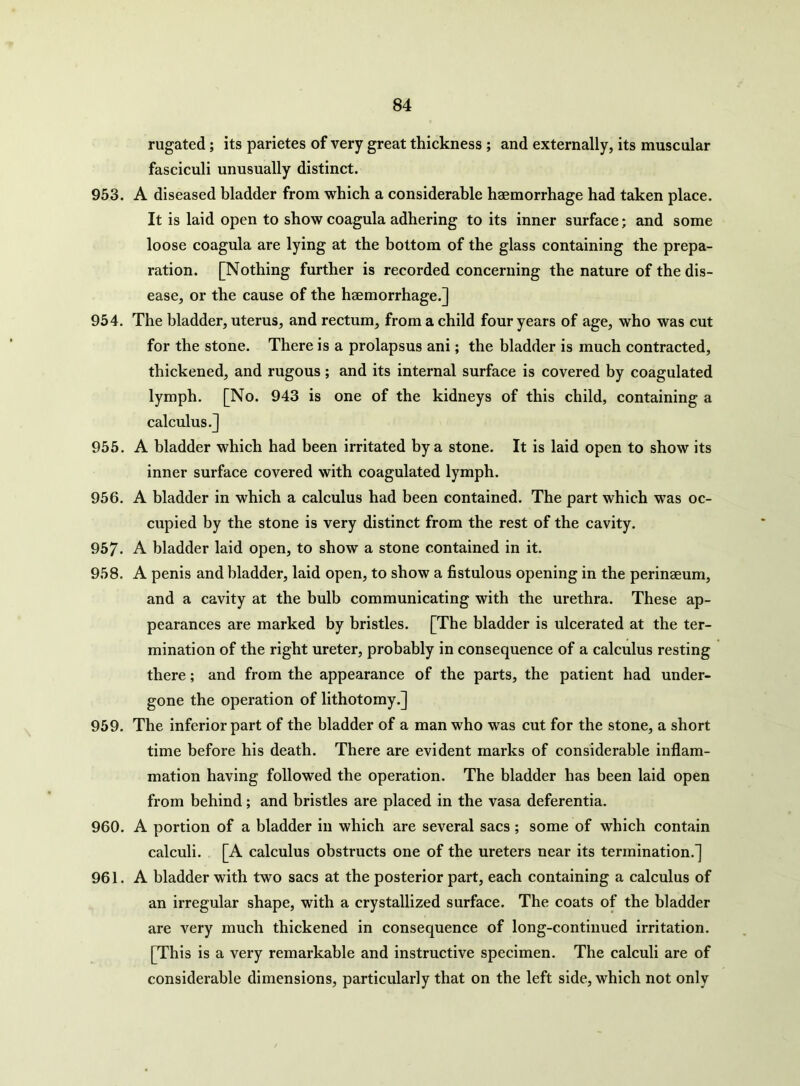 rugated ; its parietes of very great thickness ; and externally, its muscular fasciculi unusually distinct. 953. A diseased bladder from which a considerable haemorrhage had taken place. It is laid open to show coagula adhering to its inner surface; and some loose coagula are lying at the bottom of the glass containing the prepa- ration. [Nothing further is recorded concerning the nature of the dis- ease, or the cause of the haemorrhage.] 954. The bladder, uterus, and rectum, from a child four years of age, who was cut for the stone. There is a prolapsus ani; the bladder is much contracted, thickened, and rugous; and its internal surface is covered by coagulated lymph. [No. 943 is one of the kidneys of this child, containing a calculus.] 955. A bladder which had been irritated by a stone. It is laid open to show its inner surface covered with coagulated lymph. 956. A bladder in which a calculus had been contained. The part which was oc- cupied by the stone is very distinct from the rest of the cavity. 957. A bladder laid open, to show a stone contained in it. 958. A penis and bladder, laid open, to show a fistulous opening in the perinaeum, and a cavity at the bulb communicating with the urethra. These ap- pearances are marked by bristles. [The bladder is ulcerated at the ter- mination of the right ureter, probably in consequence of a calculus resting there; and from the appearance of the parts, the patient had under- gone the operation of lithotomy.] 959. The inferior part of the bladder of a man who was cut for the stone, a short time before his death. There are evident marks of considerable inflam- mation having followed the operation. The bladder has been laid open from behind; and bristles are placed in the vasa deferentia. 960. A portion of a bladder in which are several sacs ; some of which contain calculi. [A calculus obstructs one of the ureters near its termination.] 961. A bladder with two sacs at the posterior part, each containing a calculus of an irregular shape, with a crystallized surface. The coats of the bladder are very much thickened in consequence of long-continued irritation. [This is a very remarkable and instructive specimen. The calculi are of considerable dimensions, particularly that on the left side, which not only