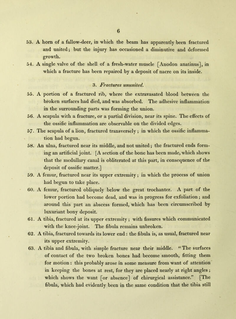 53. A horn of a fallow-deer, in which the beam has apparently been fractured and united; but the injury has occasioned a diminutive and deformed growth. 54. A single valve of the shell of a fresh-water muscle [Anodon anatinus], in which a fracture has been repaired by a deposit of nacre on its inside. 3. Fractures ununited. 55. A portion of a fractured rib, where the extravasated blood between the broken surfaces had died, and was absorbed. The adhesive inflammation in the surrounding parts was forming the union. 56. A scapula with a fracture, or a partial division, near its spine. The effects of the ossific inflammation are observable on the divided edges. 57- The scapula of a lion, fractured transversely ; in which the ossific inflamma- tion had begun. 58. An ulna, fractured near its middle, and not united; the fractured ends form- ing an artificial joint. [A section of the bone has been made, which shows that the medullary canal is obliterated at this part, in consequence of the deposit of ossific matter.] 59. A femur, fractured near its upper extremity; in which the process of union had begun to take place. 60. A femur, fractured obliquely below the great trochanter. A part of the lower portion had become dead, and was in progress for exfoliation; and around this part an abscess formed, which has been circumscribed by luxuriant bony deposit. 61. A tibia, fractured at its upper extremity; with fissures which communicated with the knee-joint. The fibula remains unbroken. 62. A tibia, fractured towards its lower end : the fibula is, as usual, fractured near its upper extremity. 63. A tibia and fibula, with simple fracture near their middle. “The surfaces of contact of the two broken bones had become smooth, fitting them for motion : this probably arose in some measure from want of attention in keeping the bones at rest, for they are placed nearly at right angles ; which shows the want [or absence] of chirurgical assistance.” [The fibula, which had evidently been in the same condition that the tibia still