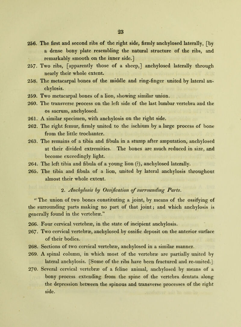 256. The first and second ribs of the right side, firmly anchylosed laterally, [by a dense bony plate resembling the natural structure of the ribs, and remarkably smooth on the inner side.] 257- Two ribs, [apparently those of a sheep,] anchylosed laterally through nearly their whole extent. 258. The metacarpal bones of the middle and ring-finger united by lateral an- chylosis. 259. Two metacarpal bones of a lion, showing similar union. 260. The transverse process on the left side of the last lumbar vertebra and the os sacrum, anchylosed. 261. A similar specimen, with anchylosis on the right side. 262. The right femur, firmly united to the ischium by a large process of bone from the little trochanter. 263. The remains of a tibia and fibula in a stump after amputation, anchylosed at their divided extremities. The bones are much reduced in size, and become exceedingly light. 264. The left tibia and fibula of a young lion (?), anchylosed laterally. 265. The tibia and fibula of a lion, united by lateral anchylosis throughout almost their whole extent. 2. Anchylosis hy Ossification of surrounding Parts. “ The union of two bones constituting a joint, by means of the ossifying of the surrounding parts making no part of that joint; and which anchylosis is generally found in the vertebrae.” 266. Four cervical vertebrae, in the state of incipient anchylosis. 267- Two cervical vertebrae, anchylosed by ossific deposit on the anterior surface of their bodies. 268. Sections of two cervical vertebrae, anchylosed in a similar manner. 269. A spinal column, in which most of the vertebrae are partially united by lateral anchylosis. [Some of the ribs have been fractured and re-united.] 270. Several cervical vertebrae of a feline animal, anchylosed by means of a bony process extending from the spine of the vertebra dentata along the depression between the spinous and transverse processes of the right side.