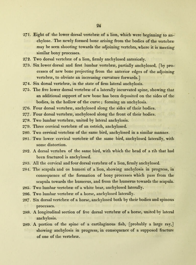 271. Eight of the lower dorsal vertebrae of a lion, which were beginning to an- chylose. The newly formed bone arising from the bodies of the vertebrae may be seen shooting towards the adjoining vertebra, where it is meeting similar bony processes. 272. Two dorsal vertebrae of a lion, firmly anchylosed anteriorly. 273. Six lower dorsal and first lumbar vertebrae, partially anchylosed, [by pro- cesses of new bone projecting from the anterior edges of the adjoining vertebrae, to obviate an increasing curvature forwards.] 274. Six dorsal vertebrae, in the state of firm lateral anchylosis. 275. The five lower dorsal vertebrae of a laterally incurvated spine, showing that an additional support of new bone has been deposited on the sides of the bodies, in the hollow of the curve; forming an anchylosis. 276. Four dorsal vertebrae, anchylosed along the sides of their bodies. 277- Four dorsal vertebrae, anchylosed along the front of their bodies. 278. Two lumbar vertebrae, united by lateral anchylosis. 279. Three cervical vertebrae of an ostrich, anchylosed. 280. Two cervical vertebrae of the same bird, anchylosed in a similar manner. 281. Two lower cervical vertebrae of the same bird, anchylosed laterally, with some distortion. 282. A dorsal vertebra of the same bird, with which the head of a rib that had been fractured is anchylosed. 283. All the cervical and four dorsal vertebrae of a lion, firmly anchylosed. 284. The scapula and os humeri of a lion, showing anchylosis in progress, in consequence of the formation of bony processes which pass from the scapula towards the humerus, and from the humerus towards the scapula. 285. Two lumbar vertebrae of a white bear, anchylosed laterally. 286. Two lumbar vertebrae of a horse, anchylosed laterally. 287- Six dorsal vertebrae of a horse, anchylosed both by their bodies and spinous processes. 288. A longitudinal section of five dorsal vertebrae of a horse, united by lateral anchylosis. 289. A portion of the spine of a cartilaginous fish, [probably a large ray,] showing anchylosis in progress, in consequence of a supposed fracture of one of the vertebrae.