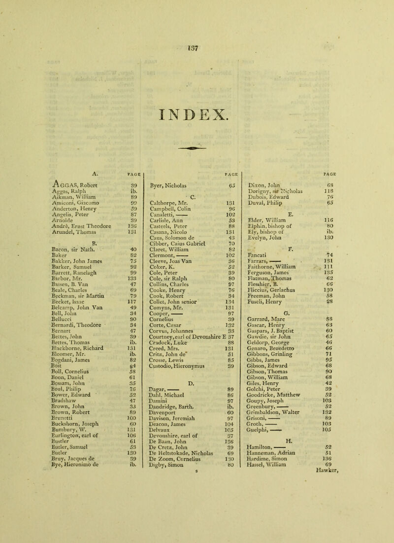 INDEX. A. PAGE A GGAS, Robert 39 Aggas, Ralph ib. Aikman, William 89 Amiconi, Giacomo 99 Anderton, Henry 59 Angelis, Peter 87 Arnolde 39 Andre, Ernst Theodore 136 Arundel, Thomas 13X B. Bacon, sir Nath. 40 Baker S2 Bakker, John James 75 Barker, Samuel 92 Barrett, Ranelagh 99 Barbor, Mr. 133 Bassen, B. Van 47 Beale, Charles 69 Beckman, sir Martin 79 Becket, Isaac H7 Belcamp, John Van Bell, John 49 34 Bellucci 90 Bernardi, Theodore 34 Bernart 47 Bettes, John 39 Bettes, Thomas ib. Blackborne, Richard 131 Bloomer, Mr. ib. Bogdani, James 82 Boit 8* Boll, Cornelius 58 Boon, Daniel 61 Bossam, John 35 Boul, Philip 76 Bower, Edward 52 Bradshaw 47 Brown, John 33 Brown, Robert 89 Brunetti 100 Buckshorn, Joseph 60 Bumbury, W. 131 Eurlington, earl of 106 Bustler 61 Butler, Samuel 53 Butler 130 Bruy, Jacques de 39 Bye, Hieronimo de ib. Byer, Nicholas PAGE 6*5 • C. Calthorpe, Mr. 131 Campbell, Colin 96 Canaletti, 102 Carlisle, Ann 53 Casteels, Peter 88 Casana, Nicolo 131 Caus, Solomon de 43 Cibber, Caius Gabriel 70 Claret, William 82 Clermont, 102 Cleeve, Joas Van 36 Coker, K. 52 Cole, Peter 39 Cole, sir Ralph 80 Collins, Charles 97 Cooke, Henry 76 Cook, Robert 34 Collet, John senior 134 Comyns, Mr. 131 Cooper, Cornelius 97 39 Corte, CiEsar 132 Corvus, Johannes 33 Courtney, earl of Devonshire E 37 Cradock, Luke 88 Creed, Mrs. 131 Critz, John de 51 Crosse, Lewis 85 Custodio, Hieronymus 39 D. Dagar, 89 Dahl, Michael 86 Dam ini 97 Dandridge, Barth. ib. Davenport 60 Davison, Jeremiah 97 Deacon, James 104 Delvaux 105 Devonshire, earl of 37 De Baan, John 136 De Cretz, John 39 De Heltstokade, Nicholas 69 De Zoom, Cornelius 130 Digby, Simon 80 S PAGE Dixon, John 68 Dorigny, sir Nicholas 118 Dubois, Edward 76 Duval, Philip 65 E. Elder, William 116 Elphin, bishop of 80 Ely, bishop of ib: Evelyn, John 130 F. Fancati 74 Farrars, 131 Faithorne, William 111 Ferguson, James 135 Flatman, Thomas 62 Flesshier, B. 66 Fliccius, Gerlachus 130 Freeman, John 58 Fuseli, Henry 28 G. Garrard, Marc 88 Gascar, Henry 63 Gaspars, J. Baptist 60 Gawdie, sir John 65 Geldorp, George 46 Genaro, Benedetto 66 Gibbons, Grinling 71 Gibbs, James 95 Gibson, Edward 68 Gibson, Thomas 90 Gibson, William 68 Giles, Henry 42 Golchi, Peter 39 Goodricke, Matthew 52 Goupy, Joseph 103 Greenbury, 52 Grimbaldson, Walter 132 Grisoni, 89 Groth, 103 Guelphi, — 105 H. Hamilton, —— 52 Hanneman, Adrian 51 Hardime, Simon 136 Hassel, William 69 Hawker,