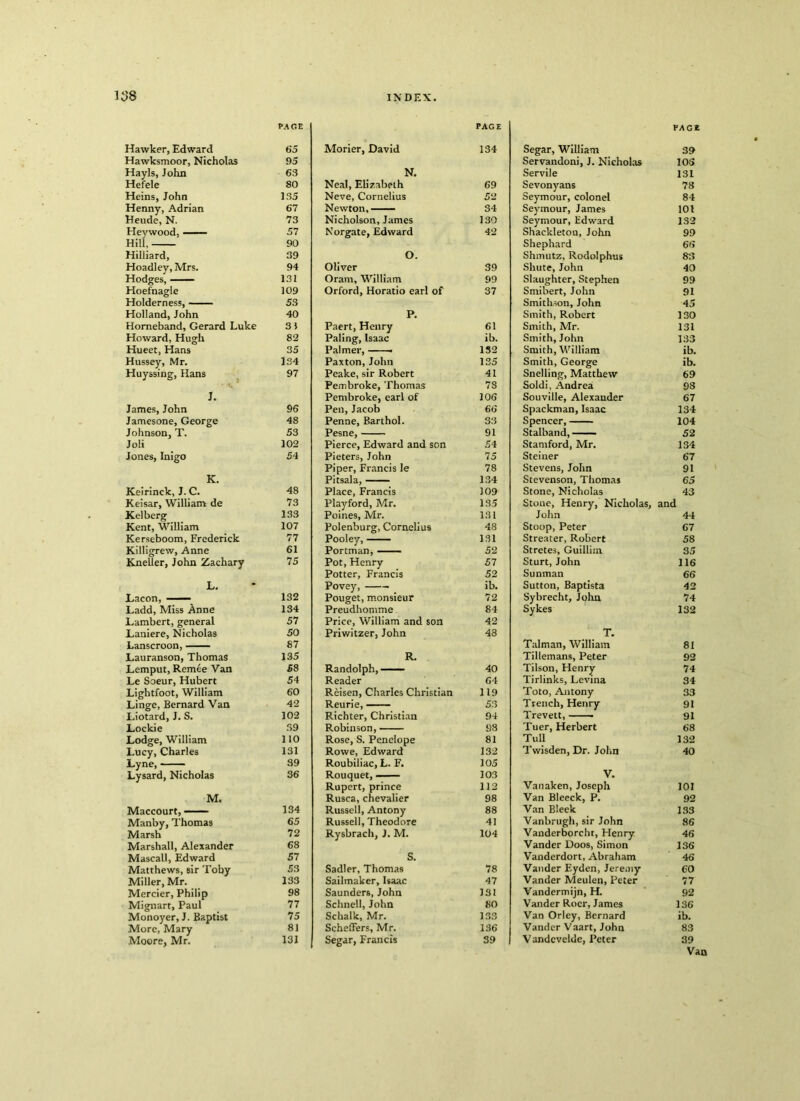 PACE Hawker, Edward 65 Hawksmoor, Nicholas 95 Hayls, John 63 Hefele 80 Heins, John 135 Henny, Adrian 67 Heude, N. 73 Hevwood, —— 57 Hill, 90 Hilliard, 39 Hoadley, Mrs. 94 Hodges, 131 Hoefnagle 109 Holderness, 53 Holland, John 40 Horneband, Gerard Luke 3) Howard, Hugh 82 Hueet, Hans 35 Hussey, Mr. 134 Huyssing, Hans 97 J. James, John 96 Jamesone, George 48 Johnson, T. 53 Joli 102 Jones, Inigo 54 K. Keirinck, J. C. 48 Keisar, William de 73 Kelberg 133 Kent, William 107 Kerseboom, Frederick 77 Killigrew, Anne 61 Kneller, John Zachary 75 L. Lacon, —— 132 Ladd, Miss Anne 134 Lambert, general 57 Laniere, Nicholas 50 Lanscroon, 87 Lauranson, Thomas 135 Lemput, Remee Van 58 Le Soeur, Hubert 54 Lightfoot, William 60 Linge, Bernard Van 42 Liotard, J. S. 102 Lockie 39 Lodge, William 110 Lucy, Charles 131 Lyne, 39 Lysard, Nicholas 36 M. Maccourt, 134 Manby, Thomas 65 Marsh 72 Marshall, Alexander 68 Mascall, Edward 57 Matthews, sir Toby 53 Miller, Mr. 133 Mercier, Philip 98 Mignart, Paul 77 Monoyer, J. Baptist 75 More, Mary 81 Moore, Mr. 131 Morier, David PAGE 134 N. Neal, Elizabeth 69 Neve, Cornelius 52 Newton, 34 Nicholson, James 130 Norgate, Edward 42 O. Oliver 39 Oram, William 99 Orford, Horatio earl of 37 P. Paert, Henry 61 Paling, Isaac ib. Palmer, — 132 Paxton, John 135 Peake, sir Robert 41 Pembroke, Thomas 78 Pembroke, earl of 106 Pen, Jacob 66 Penne, Barthol. S3 Pesne, 91 Pierce, Edward and son 54 Pieters, John 75 Piper, Francis le 78 Pitsala, 134 Place, Francis 109 Playford, Mr. 135 Poines, Mr. 131 Polenburg, Cornelius 48 Pooley, 131 Portman, 52 Pot, Henry 57 Potter, Francis 52 Povey, ib. Pouget, monsieur 72 Preudhomme 84 Price, William and son 42 Priwitzer, John 48 R. Randolph, — 40 Reader 64 Reisen, Charles Christian 119 Reurie, 53 Richter, Christian 94 Robinson, 98 Rose, S. Penelope 81 Rowe, Edward 132 Roubiliac, L. F. 105 Rouquet, 103 Rupert, prince 112 Rusca, chevalier 98 Russell, Antony 88 Russell, Theodore 41 Rysbrach, J. M. 104 S. Sadler, Thomas 78 Sailmaker, Isaac 47 Saunders, John 131 Schnell, John 80 Schalk, Mr. 133 SchelFers, Mr. 136 Segar, Francis 39 PAGE Segar, William 39 Servandoni, J. Nicholas 103 Servile 131 Sevonyans 78 Seymour, colonel 84 Seymour, James 101 Seymour, Edward 1S2 Shackleton, John 99 Shephard 66 Shmutz, Rodolphus 83 Shute, John 40 Slaughter, Stephen 99 Smibert, John 91 Smithson, John 45 Smith, Robert 130 Smith, Mr. 131 Smith, John 133 Smith, William ib. Smith, George ib. Snelling, Matthew 69 Soldi, Andrea 98 Souville, Alexander 67 Spackman, Isaac 134 Spencer, 104 Stalband, 52 Stamford, Mr. 134 Steiner 67 Stevens, John 91 Stevenson, Thomas 65 Stone, Nicholas 43 Stone, Henry, Nicholas, and John 44 Stoop, Peter 67 Streater, Robert 58 Stretes, Guillim 35 Sturt, John 116 Sunman 66 Sutton, Baptista 42 Sybrecht, John 74 Sykes 132 T. Talman, William 81 Tillemans, Peter 92 Tilson, Henry 74 Tirlinks, Levina 34 Toto, Antony 33 Trench, Henry 91 Trevett, Tuer, Herbert 91 68 Tull 132 Twisden, Dr. John 40 V. Vanaken, Joseph 101 Van Bleeck, P. 92 Van Bleek 133 Vanbrugh, sir John 86 Vanderborcht, Henry 46 Vander Doos, Simon 136 Vanderdort, Abraham 46 Vander Eyden, Jeremy 60 Vander Meulen, Peter 77 Vandermijn, H. 92 Vander Roer, James 136 Van Orley, Bernard ib. Vander Vaart, John 83 Vandcvelde, Peter 39 Van