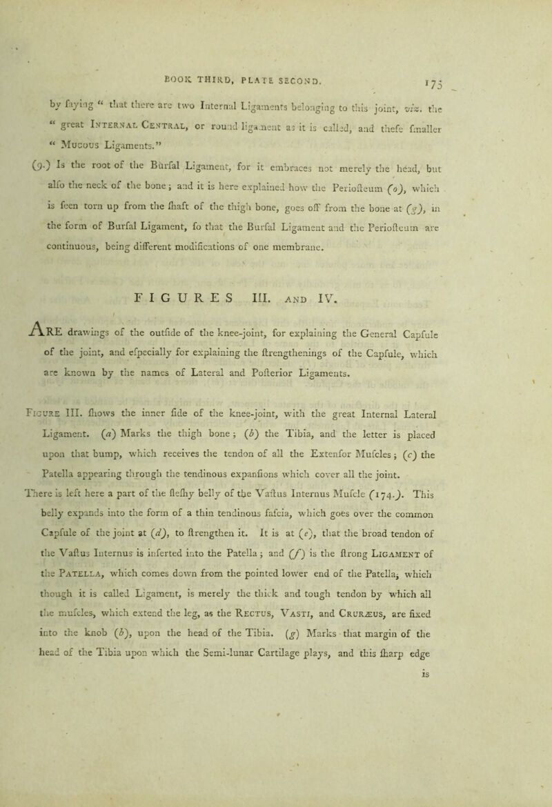 BOOK, third, PLATE SECOND. jj- by faying “ that there are two Internal Ligaments belonging to this joint, viz. the “ great Internal Central, cr round ligament as it is called, and thefe fmaller “ Mucous Ligaments.” (9.) Is tiie root 01 the Biirfal Ligament, for it embraces not merely the head, but alio the neck or tne bone ; and it is here explained how the Perioffeum (oj, which is feen torn up from the fliaft of the thigh bone, goes off from the bone at (g), in the form or Burfal Ligament, fo that the Burfal Ligament and the Periofteum are continuous, being different modifications of one membrane. FIGURES III. and IV. Are drawings of the outfide of the knee-joint, for explaining the General Capfule of the joint, and efpecially for explaining the ftrengthenings of the Capfule, which are known by the names of Lateral and Pollerior Ligaments. Figure III. fliows the inner fide of the knee-joint, with the great Internal Lateral Ligament. (a) Marks the thigh bone ; (<5) the Tibia, and the letter is placed upon that bump, which receives the tendon of all the Extenfor Mufcles ; (c) the Patella appearing through the tendinous expanfions which cover all the joint. There is left here a part of the fielhy belly of the Vaffus Interims Mufcle (174.^). This belly expands into the form of a thin tendinous fafcia, which goes over the common Capfule of the joint at (d), to ftrengthen it. It is at (<?), that the broad tendon of the Vaffus Iuternus is inferted into the Patella ; and (f) is the ftrong Ligament of the Patella, which comes down from the pointed lower end of the Patellaj which though it is called Ligament, is merely the thick and tough tendon by which all the mufcles, which extend the leg, as the Rectus, Vasti, and CRUR2EUS, are fixed into the knob (3), upon the head of the Tibia, (g) Marks that margin of the head of the Tibia upon which the Semi-lunar Cartilage plays, and this iharp edge is