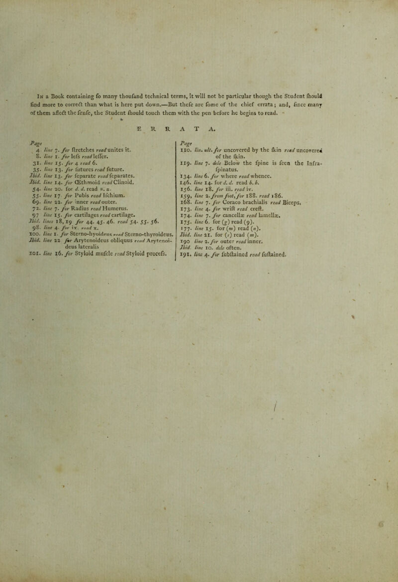 In a Book containing fo many thoufand technical terms, it will not be particular though the Student fhould find more to correft than what is here put down.—But thefe are fome of the chief errata; and, fince many of them aflcft the fenfe, the Student fhould touch them with the pen before he begins to read. - • » ERRATA. P<*Ze 4 line 7. for firetches read unites it. 8. line I. for lets read Ieffer. 31. line 15. for 4 read 6. 35. line 13. for futures read future. Ibid, line 13. for feparate read feparates. Ibid, line 14. for (Ethmoid readClinoid. 54. line 20. for d. d. read s. z. 55. line 17 for Pubis read Ifchium. 69. line 22. for inner read outer. 72. line 7. for Radius read Humerus. 97 line 15. for cartilages read cartilage. Ibid, lines 18, 19 for 44. 43. 46. read 34. 33. 36. 98. line 4. for IY. rend X. 100. line I. for Sterno-hyoidens read Sterno-thyroideus. Ibid, line 22 for Arytenoideus obliquus read Arytenoi- deus lateralis 101. line 16. for Styloid mufde read Styloid procefs. PaSc Iio. tin. nit. for uncovered by the {kin read uncovered of the fkin. X19. line 7. dele Below the fpine is feen the Infra- fpinatus. 134. line 6. for where read whence. 146. line X4. for d. d. read b. b. Ij6. line 18. for iii. read iv. *59> die 2. from foot, for 188. read 186. 168. line 7. for Coraco brachialis read Biceps. 173. line 4. for wrift read creft. 174. line 7. for cancellat read lamella;. 173. line 6. for {£) read (9). 177. line 13. for(w) read (n). Ibid, line 21. for (j) read (*k). 190 line 2. for outer read inner. Ibid line 10. dele often. 191. line 4. for fubflained read fuflained. /