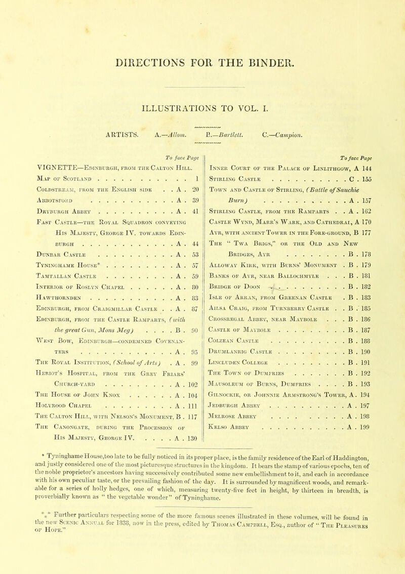 DIRECTIONS FOR THE BINDER. ILLUSTRATIONS TO VOL. I. ARTISTS. A.—Allom. I!.—Bartlett. C.—Campion. To face Page VIGNETTE—Edinburgh, from the Calton Hill. Map of Scotland 1 Coldstream, from the English side . . A . 20 Abbotsford A . 39 Diiyburgh Abbey A . 41 Fast Castle—the Royal Squadron conveying His Majesty, George IV. towards Edin- burgh A . 44 Dunbar Castle A . S3 Tyninghame House* A . 57 Tamtallan Castle A . 59 Interior of Roslyn Chapel A . 80 Hawthornden A . 83 Edinburgh, from Craigmillar Castle . . A . 87 Edinburgh, from the Castle Ramparts, (with the great Gun, Mons Meg) .... B . 90 West Bow, Edinburgh—condemned Covenan- ters A . 95 The Royal Institution, (School of Arts) . A . 99 Heriot’s Hospital, from the Grey Friars’ Church-yard A . 102 The House of John Knox A . 104 Holyrood Chapel A. Ill The Calton Hill, with Nelson’s Monument, B . 117 The Canongate, during the Procession op His Majesty, George IV A . 130 To face Page Inner Court of the Palace of Linlithgow, A 144 Stirling Castle C.155 Town and Castle of Stirling, (Battle ofSauchie Burn) A . 157 Stirling Castle, from the Ramparts . . A . 162 Castle Wynd, Mark’s Wark, and Cathedral, A 170 Ayr, with ancient Tower in the Fore-ground, B 177 The “ Twa Brigs,” or the Old and New Bridges, Ayr B . 178 Alloway Kirk, with Burns’ Monument . B . 179 Banks of Ayr, near Ballochmyle . . . B . 181 Bridge of Doon B . 182 Isle of Arran, from Greenan Castle . B . 183 Ailsa Craig, from Turnberrv Castle . . B . 185 Crossregal Abbey, near Maybole . . . B . 186 Castle of Maybole B . 187 Colzean Castle B . 188 Drumlanrig Castle B . 190 Lincluden College B . 191 The Town of Dumfries B . 192 Mausoleum of Burns, Dumfries . . . . B . 193 Gilnockie, or Johnnie Armstrong’s Tower, A. 194 Jedburgh Abbey A . 197 Melrose Abbey A . 198 Kelso Abbey A . 199 * Fyninghame House, too late to be tully noticed in its proper place, is the family residence of the Earl of Haddington, and justly considered one of the most picturesque structures in the kingdom. It bears the stamp of various epochs, ten of t.ie noble proprietor s ancestors having successively contributed some new embellishment to it, and each in accordance with his own peculiar taste, or the prevailing fashion of the day. It is surrounded by magnificent woods, and remark- able for a series of holly hedges, one of which, measuring twenty-five feet in height, by thirteen in breadth, is proverbially known as “ the vegetable wonder” of Tyninghame. *** Further particulars respecting some of the more famous scenes illustrated in these volumes, will be found in the new Scenic Annual for 1838, now in the press, edited by Thomas Campbell, Esq., author of “ The Pleasures of Hope.”