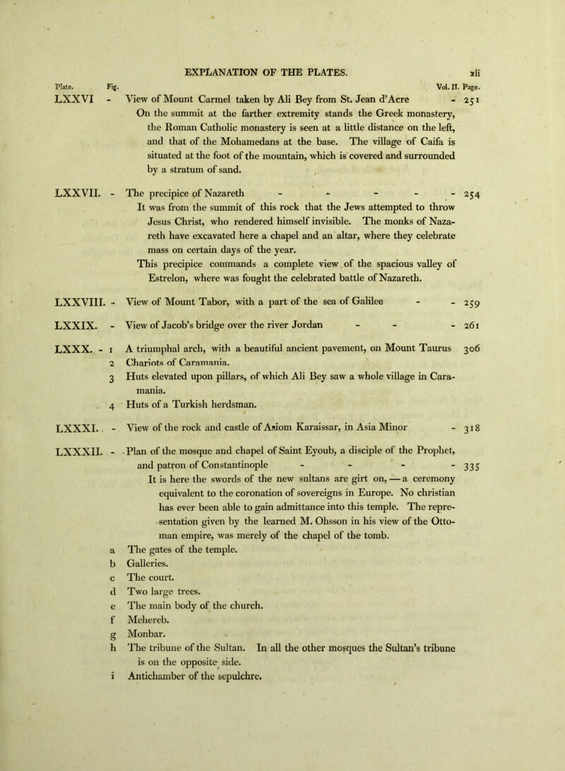 Plate. LXXVI Fig. EXPLANATION OF THE PLATES. LXXVII. - LXXVIII. - LXXIX. - LXXX. - i 2 3 4 LXXXI. - LXXXII. - a b c d e f g h Voi. n View of Mount Carmel taken by Ali Bey from St. Jean d’Acre On the summit at the farther extremity stands the Greek monastery, the Roman Catholic monastery is seen at a little distance on the left, and that of the Mohamedans at the base. The village of Caifa is situated at the foot of the mountain, which is covered and surrounded by a stratum of sand. The precipice of Nazareth - - - 254 It was from the summit of this rock that the Jews attempted to throw Jesus Christ, who rendered himself invisible. The monks of Naza- reth have excavated here a chapel and an altar, where they celebrate mass on certain days of the year. This precipice commands a complete view of the spacious valley of Estrelon, where was fought the celebrated battle of Nazareth. View of Mount Tabor, with a part of the sea of Galilee - - 259 View of Jacob’s bridge over the river Jordan - - - 261 A triumphal arch, with a beautiful ancient pavement, on Mount Taurus 306 Chariots of Caramania. Huts elevated upon pillars, of which Ali Bey saw a whole village in Cara- mania. Huts of a Turkish herdsman. View of the rock and castle of Asiom Karaissar, in Asia Minor - 318 . Plan of the mosque and chapel of Saint Eyoub, a disciple of the Prophet, and patron of Constantinople - - - “335 It is here the swords of the new sultans are girt on, — a ceremony equivalent to the coronation of sovereigns in Europe. No Christian has ever been able to gain admittance into this temple. The repre- sentation given by the learned M. Ohsson in his view of the Otto- man empire, was merely of the chapel of the tomb. The gates of the temple. Galleries. The court. Two large trees. The main body of the church. Mehereb. Monbar. The tribune of the Sultan. In all the other mosques the Sultan’s tribune is on the opposite side. Antichamber of the sepulchre. xli Page. 25I