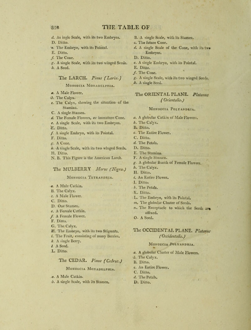 d. As ingle Scale, with its two Embryos. B. A single Scale, with its Stamen. D. Ditto. c. The future Cone. The Embryo, with its Pointal. d. A single Scale of the Cone, with its tw* E. Ditto. Embryos. f. The Cone. D. Ditto. g. A single Scale, with its two winged Seeds. e. A single Embryo, with its Pointal. h. A Seed. E. Ditto. J. The Cone. The LARCH. Pim/s (Larix.) g- A single Scale, with-its two winged Seeds. ,, ,, h. A single Seed. Monoecia Monadelphia. m. A Male Flower, tb. The Calyx. c. The Calyx, showing the situation of the Stamina. C. A single Stamen. d. The Female Flowers, or immature Cone. e. A single Scale, with its two Embryos. <E. Ditto. f. A single Embryo, with its Pointal. F. Ditto. g. A Cone. h. A single Scale, with its two winged Seeds. H. Ditto. N. B. This Figure is the American Larch. The MULBERRY Alorus (Nigra.) Monoecia Tetrandria. a. A Male Catkin. B. The Calyx. c. A Male Flower. C. Ditto. D. One Stamen. e. A Female Catkin. f. A Female Flower. F. Ditto. G. The Calyx. H. The Embryo, with its two Stigmata. i. The Fruit, consisting of many Berries. k, A single Berry. I A Seed. L. Ditto. The CEDAR. Pim/s (Cedri/s.) Monoecia Monadelphia. a. A Male Catkin. b. A single Scale, with its Stamen. The ORIENTAL PLANE. Platanus ( Orientalis.) Monoecia Polyandria. V N a. A globular Catkin of Male Flowers, b. The Calyx. B. Ditto. c. The Entire Flower. C. Ditto. d. The Petals. D. Ditto. E. The Stamina, F. A single Stamen. g. A globular Bunch of Female Flowers. h. The Calyx. H. Ditto. i. An Entire Flower. I. Ditto. k. The Petals. K. Ditto. L. The Embryo, with its Pointal. m. The globular Cluster of Seeds. n. The Receptacle to which the Seeds ar* affixed. Q. A Seed. The OCCIDENTAL PLANE. Platanus ( Qccidentalis.) Monoecia Polyandria. a. A globular Cluster of Male Flowers. b. The Calyx. B. Ditto. c. An Entire Flower. C. Ditto. d. The Petals, D. Ditto.