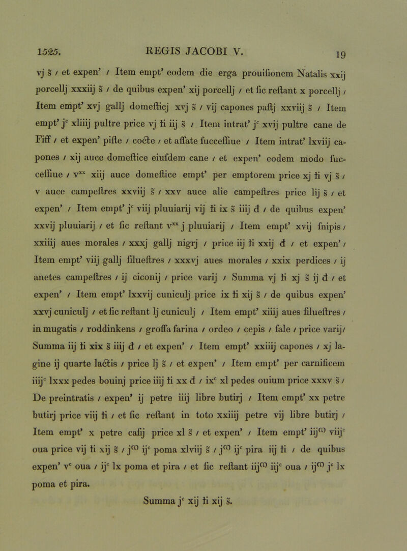 19 vj s / et expen’ / Item empt’ eodem die erga prouilionem Natalis xxij porcellj xxxiij s / de quibus expen’ xij porcellj / et fic reftant x porcellj / Item empt’ xvj gallj domefticj xvj s / vij capones paftj xxviij s / Item empt’ j' xliiij pultre price vj ii iij s / Item intrat’ xvij pultre cane de Fiff / et expen’ pifte / codle / et affate fucceffiue / Item intrat’ Ixviij ca- pones / xij auce domeftice eiufdem cane / et expen’ eodem modo fuc- celliue / xiij auce domeftice empt’ per emptorem price xj ii vj s / V auce campeftres xxviij s / xxv auce alie campeftres price lij s / et expen’ / Item empt’ j‘= viij pluuiarij vij ii ix s iiij d / de quibus expen’ xxvij pluuiarij / et fic reftant v“ j pluuiarij / Item empt’ xvij fnipis / xxiiij aues morales / xxxj gallj nigrj / price iij ii xxij d / et expen’ / Item empt’ viij gallj lilueftres / xxxvj aues morales / xxix perdices / ij anetes campeftres / ij ciconij / price varij / Summa vj ii xj S ij d / et expen’ / Item empt’ Ixxvij cuniculj price ix ii xij s / de quibus expen’ xxvj cuniculj / et fic reftant Ij cuniculj / Item empt’ xiiij aues filueftres / in mugatis / roddinkens / groffa farina / ordeo / cepis / fale / price varij/ Summa iij ii xix s iiij d / et expen’ / Item empt’ xxiiij capones / xj la- gine ij quarte la6lis / price Ij s / et expen’ / Item empt’ per carnificem iiij*^ Ixxx pedes bouinj price iiij ii xx d / ix*^ xl pedes ouium price xxxv s / De preintratis / expen* ij petre iiij libre butirj / Item empt’ xx petre butirj price viij ii / et fic reftant in toto xxiiij petre vij libre butirj / Item empt’ x petre cafij price xl s / et expen’ / Item empt’ iij^^ viij oua price vij ii xij s / j^ ij poma xlviij s / j^ ij pira iij ii / de quibus expen’ v oua / ij Ix poma et pira / et fic reftant iij^ iij' oua / ij^ j Ix poma et pira.