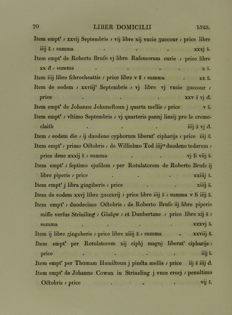 Item empt* / xxvij Septembris / vij libre xij vncie guccour / price libre iiij s / summa . . . xxxj s. Item empt’ de Roberto Brufe vj libre Rafemorum curie / price libre XX d / summa . . . . x s. Item iiij libre fchrocheattis / price libre v § / summa . xx s. Item de eodem / xxviij Septembris / vj libre vj vncie guccour / price . . . XXV s vj d. Item empt* de Johanne Johnneftoun j quarta mellis / price v s. Item empt’ / vltimo Septembris / vj quarteris pannj lineij pro le creme- claith . . . iiij s vj d. Item / eodem die / ij duodene cyphorum liberat* cipbarijs / price iiij §. Item empt* / primo Odlobris / de Willielmo Tod iiij°'duodene tedarum / price dene xxxij s / summa . . vj ii viij s. Item empt* / feptimo ejufdem / per Rotulatorem de Roberto Brufe ij libre piperis / price . . . xxiiij s. Item empt* j libra gingiberis / price . . xiiij s. Item de eodem xxvj libre guccurij / price libre iiij s'/ summa v ii iiij s. Item empt* / duodecimo Odlobris / de Roberto Brufe iij libre piperis railTe verfus Striuiling / Glafqw / et Dunbertane / price libre xij s / summa . . . . xxxvj s. Item ij libre gingeberis / price libre xiiij s / summa , xxviij s. Item empt* per Rotulatorem xij ciphj magnj liberat* cipbarijs / price . . . . . iiij s. Item empt* per Thomam Harniltoun j pindla mellis / price iij s iiij d. Item empt* de Johanne Cowan in Striueling j vnce erocj / penultimo 0(5tobris / price . - r . vij s.