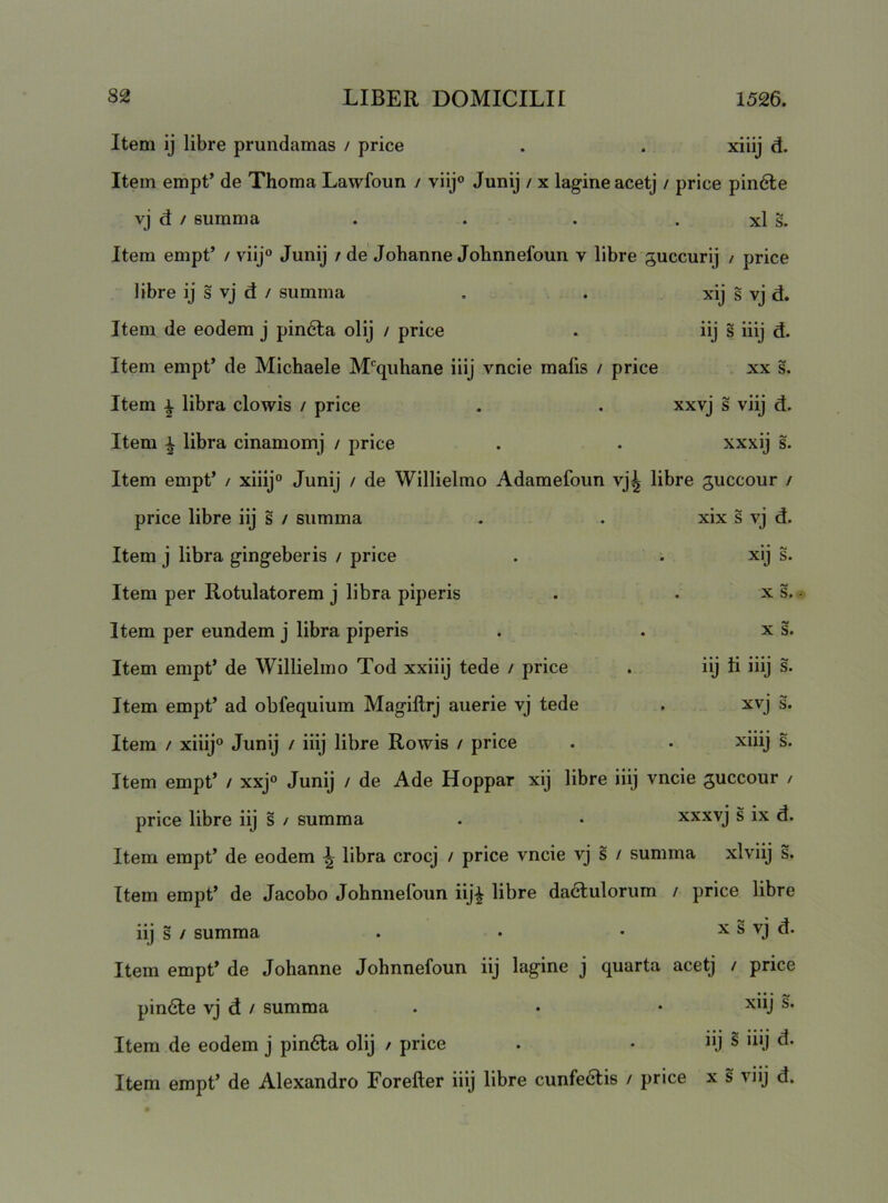 Item ij libre prundamas / price . . xiiij d. Item empt’ de Thoma Lawfoun / viij® Junij / x lagine acetj / price pin6le vj d / summa . . . . xl s. Item empt’ / viij Junij / de Johanne Jobnnefoun v libre guccurij / price libre ij s vj d / summa , . xij s vj d. Item de eodem j pin6la olij / price . iij s iiij d. Item empt’ de Michaele M'quhane iiij vncie malis / price xx s. Item I libra clowis / price . . xxvj s viij d. Item ^ libra cinamomj / price . • xxxij s. Item empt’ / xiiij® Junij / de Willielmo Adamefoun vj^ libre guccour / price libre iij s / summa Item j libra gingeberis / price Item per Rotulatorem j libra piperis Item per eundem j libra piperis Item empt’ de Willielmo Tod xxiiij tede / price Item empt’ ad obfequium Magiftrj auerie vj tede Item / xiiij® Junij / iiij libre Rowis / price Item empt’ / xxj® Junij / de Ade Hoppar xij libre iiij vncie guccour / price libre iij s / summa . • xxxvj s ix d. Item empt’ de eodem ^ libra crocj / price vncie vj s / summa xlviij s. Item empt’ de Jacobo Johnnelbun iij| libre da6lulorum / price libre iij s / summa . • • x s vj d. Item empt’ de Johanne Jobnnefoun iij lagine j quarta acetj / price • • • A# pinfite vj d / summa . • • Item de eodem j pin6la olij / price . • ly s iiij d. Item empt’ de Alexandro Forefter iiij libre cunfedtis / price x s viij d. xix s vj d. xij s. X s. X s. iij ti iiij s. xvj s. xiiij s.