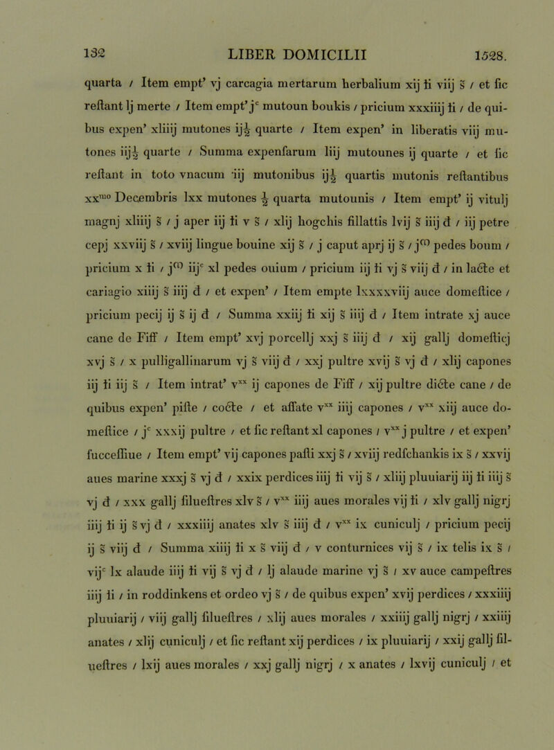 quarta / Item empt’ vj carcagia mertarum herbalium xij ti viij s / et fic reflant Ij merte / Item empt’j' mutoun boukis / pricium xxxiiij ii / de qui- bus expen’ xliiij mutones ij^ quarte / Item expen* in liberatis viij mu- tones iij^l quarte / Summa expenfarum liij mutounes ij quarte / et lic reflant in toto vnacum iij mutonibus ij^ quartis mutonis reflantibus xx™° Decembris Ixx mutones ^ quarta mutounis / Item empt’ ij vitulj magnj xliiij s / j aper iij ii v s / xlij hogchis fillattis Ivij s iiij d / iij petre cepj xxviij s / xviij lingue bouine xij s / j caput aprj ij s / j^“^ pedes boum / pricium x ii / j^ iij' xl pedes ouium / pricium iij ii vj s viij d / in ladle et cariagio xiiij s iiij d / et expen’ / Item empte Ixxxxviij auce domeflice / pricium pecij ij s i j d / Summa xxiij ii xij s iiij d / Item intrate xj auce cane de Fiff / Item empt’ xvj porcellj xxj s iiij d / xij gallj domeflicj xvj s / X pulligallinarum vj s viij d / xxj pultre xvij s vj d / xlij capones iij ii iij s / Item intrat’ v’^* ij capones de EifF / xij pultre didte cane / de quibus expen’ pifle / co6te / et aflate v*’' iiij capones / v’‘* xiij auce do- meflice / j' xxxij pultre / et lic reflant xl capones / v’‘’‘j pultre / et expen’ fuccefliue / Item empt’ vij capones pafli xxj s / xviij redfchankis ix s / xxvij vj d / XXX gallj lilueflres xlvs / v’‘’‘ iiij aues morales vij ii / xlv gallj nigrj iiij ii ij s vj d / xxxiiij anates xlv s iiij d / v'’‘ ix cuniculj / pricium pecij ij s viij d / Summa xiiij ii x s viij d / v conturnices vij s / ix telis ix s / vij' Ix alaude iiij ii vij s vj d / Ij alaude marine vj s / xv auce campeflres iiij li / in roddinkens et ordeo vj s / de quibus expen’ xvij perdices / xxxiiij pluuiarij / viij gallj filueflres / xlij aues morales / xxiiij gallj nigrj / xxiiij anates / xlij cuniculj / et fic reflant xij perdices / ix pluuiarij / xxij gallj fd- ueflres / Ixij aues morales / xxj gallj nigrj / x anates / Ixvij cuniculj / et