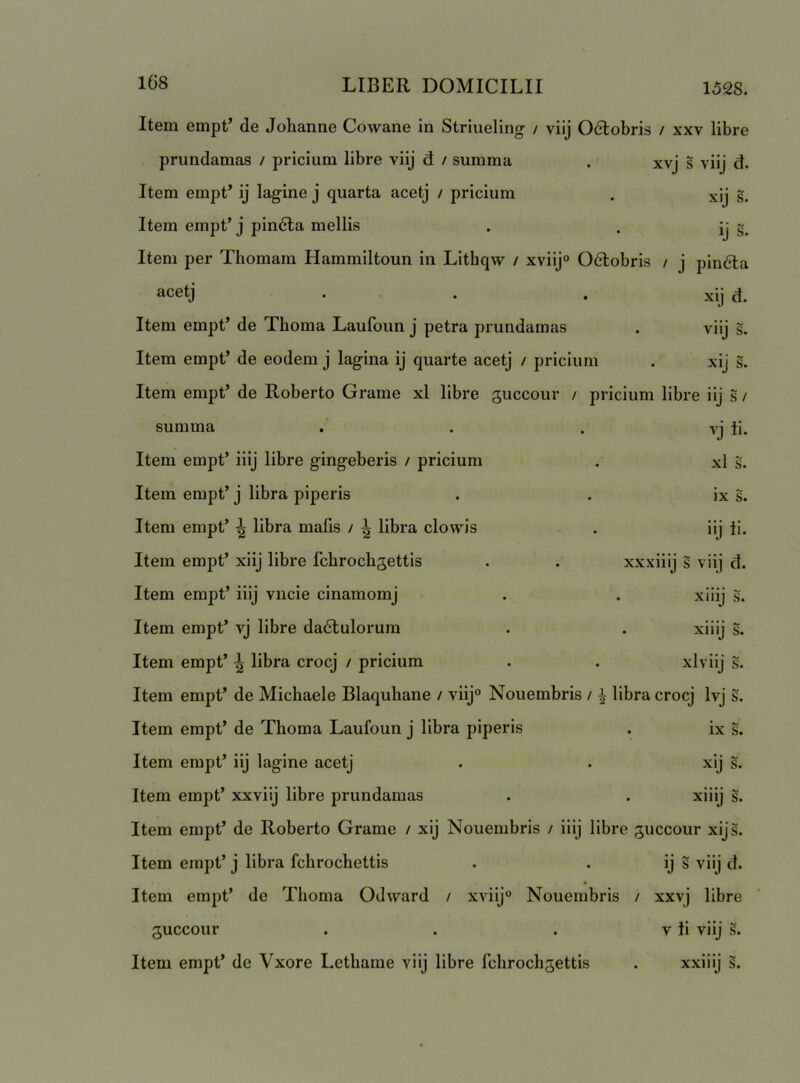 Item empt’ de Jolianne Cowane in Striueling / viij 06lobris / xxv libre prundamas / pricium libre viij d / summa . xvj s viij d. Item empt’ ij lagine j quarta acetj / pricium . xij s. Item empt’ j pindla mellis . . jy Item per Thomam Hammiltoun in Lithqw / xviij® Odlobris / j pin6ta acetj . . .xij d. Item empt’ de Thoma Laufoun j petra prundamas . viij s. Item empt’ de eodem j lagina ij quarte acetj / pricium . xij s. Item empt’ de Roberto Grame xl libre guccour / pricium libre iij s / summa . . . vj ii. Item empt’ iiij libre gingeberis / pricium Item empt’ j libra piperis Item empt’ ^ libra malis / ^ libra clovvis Item empt’ xiij libre fchrocbgettis Item empt’ iiij vncie cinamomj Item empt’ vj libre da6tulorum Item empt’ ^ libra crocj / pricium xl s. ix s. iij ii. xxxiiij s viij d. . xiiij s. . xiiij s. xlviij s. Item empt’ de Michaele Blaquliane / viij Nouembris /1 libra crocj Ivj s. Item empt’ de Thoma Laufoun j libra piperis . ix s. Item empt’ iij lagine acetj . . xij s. Item empt’ xxviij libre prundamas . . xiiij s. Item empt’ de Roberto Grame / xij Nouembris / iiij libre guccour xijs. Item empt’ j libra fchrochettis . . ij s viij d. Item empt’ de Thoma Odward / xviij Nouembris / xxvj libre guccour . . . v ii viij s. Item empt’ de Vxore Lethame viij libre fchrochsettis . xxiiij s.
