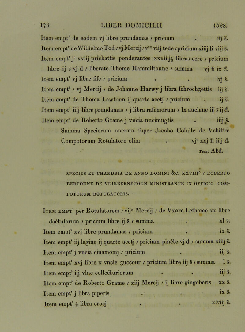 Item empt’ de eodem vj libre prundamas / pricium . iij s. Item empt’ de WillielmoTod / vj Mercij / viij tede /pricium xiiij Ii viij s. Item empt’ j xviij prickattis ponderantes xxxiiiji libras cere / pricium libre iij s vj d / liberate Thome Hammiltoune / summa vj ii ix d. Item empt’ vj libre fife / pricium . . Ivj s. Item empt’ / vj Mercij / de Johanne Harwy j libra fchrochsettis iij s. Item empt’ de Thoma Lawfoun ij quarte acetj / pricium . ij s. Item empt’ iiij libre prundamas / j libra rafemorum / Ix auelane iij s ij d. Item empt’ de Roberto Grame j vncia nucimugtis . iiij s. Summa Specierum onerata fuper Jacobo Coluile de Vcliiltre Compotorum Rotulatore olim . vj' xxj ii iiij d. • Tenet Afed. SPECIES ET CHANDRIA DE ANNO DOMINI &C. XXVIII® / ROBERTO BERTOUNE DE VUIRBERNETOUN MINISTRANTE IN OFFICIO COM- POTORUM ROTULATORIS. Item empt’ per Rotulatorem / vij° Mercij / de Vxore Lethame xx libre dadtulorum / pricium libre ij s / summa . xl s. Item empt’ xvj libre prundamas / pricium . ix s. Item empt’ iij lagine ij quarte acetj / pricium pindie vj d / summa xiiij s. Item empt’ j vncia cinamomj / pricium . iij s. Item empt’ xvj libre x vncie guccour / pricium libre iij s / summa 1 s. Item empt’ iij vine colledluriorum . . iij s. Item empt’ de Roberto Grame / xiij Mercij / ij libre gingeberis xx s. Item empt’j libra piperis . . S. Item empt’ ^ libra crocj . • ^Iviij s.