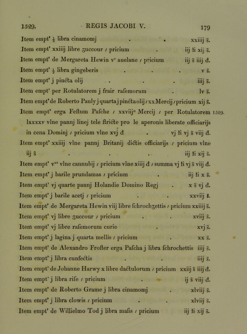 Item empt* i libra cinamonij . , xxiiij s. Item empt’ xxiiij libre guccour / priciiim . iij ti xij s. Item empt’ de Mergareta Hewin v' auelane / priciura iij s iiij d. Item empt’ i libra gingeberis . . . v s. Item empt’ j pindta olij . . . iiij g. Item empt’ per Rotulatorem j frair rafemorum . Iv s. Itera empt’de Roberto Paul jj quartajpindtaolij/xxMercij/pricium xij s. Item empt’ erga Feftum Palche / xxviij Mercij / per Rotulatorem 1529. Ixxxxv vine pannj linej tele ftridte pro le aperonis liberate ofEciarijs in cena Dominj / pricium vine xvj d . vj ti vj s viij d. Item empt’ xxiiij vine pannj Britanij didlis officiarijs / pricium vine iij s . . . iij ii xij s. Item empt’ v*’' vine cannubij / pricium vine xiiij d / summa vj ti vj s viij d. Item empt* j barile prundaraas / pricium . iij ti x s. Item empt’ vj quarte pannj Holandie Domino Regj . x s vj d. Item empt’ j barile acetj / pricium . . xxviij s. Item empt’ de Mergareta Hewin viij libre fchrocbgettis / pricium xxiiij s. Item empt’ vj libre guccour / pricium . . xviij s. Item empt’ vj libre rafemorum curie . xvj s. Item empt’ j lagina j quarta mellis / pricium . xx s. Item empt’ de Alexandro Frofter erga Pafclia j libra fchrochettis iiij s. Item empt’j libra cunfedlis . . iiij §. Item empt’ de Johanne Harwy x libre dadtulorum / pricium xxiij s iiij d. Item empt’ j libra rife / pricium . ij s viij d. Item empt’ de Roberto Grame j libra cinamomj . xlviij s. Item empt’ j libra clowis / pricium . . xlviij s. Item empt’ de Willielmo Tod j libra mafis / pricium iij ii xij s.