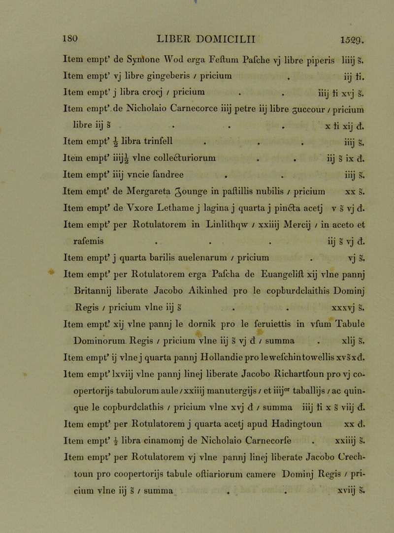 Item empt’ de Syidone Wod erga Feftuni Pafche vj libre piperis liiij s. Item empt’ vj libre gingeberis / pricium . iij ti. Item empt’ j libra crocj / pricium . . iiij xvj s. Item empt’ de Nicbolaio Carnecorce iiij petre iij libre guccour / pricium libre iij s . . . x ii xij d. Item empt’ ^ libra trinfell . . . iiij §. Item empt’ iiij^ vine colledturiorum . . iij s ix d. Item empt’ iiij vncie fandree . . iiij s. Item empt’ de Mergareta gounge in pallillis nubilis / pricium xx s. Item empt’ de Vxore Lethame j lagina j quarta j pindla acetj v s vj d. Item empt’ per Rotulatorem in Linlitbqw / xxiiij Mercij / in aceto et rafemis . . . iij s vj d. Item empt’ j quarta barilis auelenarum / pricium . vj s. Item empt’ per Rotulatorem erga Pafcha de Euangelill xij vine pannj Britannij liberate Jacobo Aikinhed pro le copburdclaithis Dorainj Regis / pricium vine iij s . . xxxvj s. Item empt’ xij vine pannj le dornik pro le feruiettis in vfum Tabule Dominorum Regis / pricium vine iij s vj d / summa . xlij s. Item empt’ ij vlnej quarta pannj Hollandieprolewefcliintowellisxvsxd. Item empt’lxviij vine pannj linej liberate Jacobo Ricliartfoun pro vj co- opertorijs tabulorum aule/xxiiij manutergijs / et iiij“ taballijs / ac quin- que le copburdclathis / pricium vine xvj d / summa iiij ii x s viij d. Item empt’ per Rotulatorem j quarta acetj apud Hadingtoun xx d. Item empt’ ^ libra cinamomj de Nicbolaio Carnecorfe . xxiiij s. Item empt’ per Rotulatorem vj vine pannj linej liberate Jacobo Crech- toun pro coopertorijs tabule olliariorum camere Dorninj Regis / pri- cium vine iij s / summa , . . xviij s.