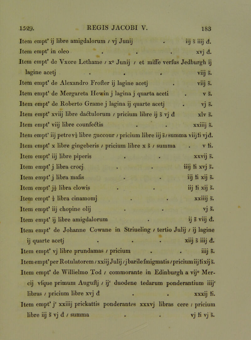 Item empt* ij libre amigdalorum / vj Junij . ilj s iiij d. Item empt’ in oleo . . . xvj d. Item empt’ de Vxore Lethame / x° Junij / et mifle verfus Jedburgh ij lagine acetj . . . viij s. Item empt’ de Alexandro Frofter ij lagine acetj . viij s. Item empt* de Mergareta Hewin j lagina j quarta aceti . v s. Item empt* de Roberto Grame j lagina ij quarte acetj . vj s. Item empt’ xviij libre dadtulorum / pricium libre ij s vj d xlv s. Item empt* viij libre counfedtis . . xxiiij s. Item empt’ iij petrevi libre guccour / pricium libre iij s/summa viijti vjd. Item empt* x libre gingeberis / pricium libre x s / summa . v ti. Item empt* iij libre piperis . . xxvij s. Item empt* j libra crocj . . iiij ti xvj s. Item empt* j libra malis . . iij ti xij s. Item empt* ji libra clowis . . iij ti xij s. Item empt* i libra cinamomj . . xxiiij s. Item empt* iij chopine olij . . vj s. Item empt* ij libre amigdalorum . ij s viij d. Item empt* de Johanne Cowane in Striueling / tertio Julij / ij lagine ij quarte acetj . . . xiij s iiij d. Item empt* vj libre prundamas / pricium . . iiij s. Item ernpt*per Rotulatorem / xxiij Julij /jbarilefmigmatis / pricium iij ti xij s. Item empt* de Willielmo Tod / commorante in Edinburgh a vij° Mer- cij vlque primum Augullj / ij® duodene tedarum ponderantium iiij® libras / pricium libre xvj d . . xxxij ti. Item empt* j® xxiiij prickattis ponderantes xxxvj libras cere / pricium libre iij s vj d / summa . . vj ti vj s.