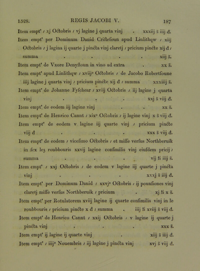 Itera erapt’ / xj 06lobris / vj lagine j quarta vinj . xxxiij s lilj d. Itera erapt’ per Dominum Dauid Criftelbun apud Linlithqw / xiij Odlobris / j lagina ij quarte j pineta vinj claretj / pricium pindle xij d / summa . . . . xiij s. Item erapt* de Vxore Denylloun in vino ad extra . xx Item erapt* apud Linlithqw / xviij“ Odlobris / de Jacobo Robertfoune iiij lagine j quarta vinj / pricium pindle xij d / summa ' xxxiiij s. • Item erapt* de Jobanne Fyfchear / xviij Odlobris / iij lagine j quarta vinj . . . ' ' . xxj s viij d. Itera erapt’ de eodem iij lagine vinj . . ' xx s. Item erapt* de Henrico Cannt / xix° Odtobris / ij lagine vinj x s viij d. Item erapt* de eodera v lagine iij quarte vinj / pricium pindte viij d . . . XXX s viij d. Item erapt* de eodem / vicefimo Odlobris / et milTe verfus Nortliberuik in fex le3 roubbouris xxvij lagine confimilis vinj eiufdem pricij / summa ‘ . . . vij ii iiij s. Item erapt’ / xxj Odtobris / de eodem v lagine iij quarte j pindta vinj . . . xxxj s iiij d. Item erapt* per Dominum Dauid / xxvj° Odtobris / ij pounliones vinj claretj mille verfus Northberuik / pricium . 2cj ii x s. Item erapt* per Rotulatorem xviij lagine ij quarte confimilis vinj in le roubbouris / pricium pindle x d / summa , iiij ii xviij s viij d. Item empt* de Henrico Cannt / xxij Odlobris / v lagine ij quarte j pin/Sta vinj ' . . . xxx s. Item empt* ij lagine ij quarte vinj . xiij s iiij d. Item empt* / iiij® Nouembris / iij lagine j pindta vinj xvj S viij d.
