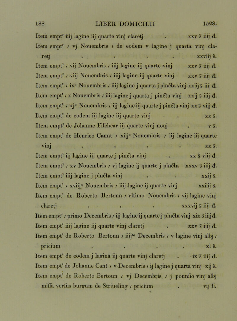 Item empt’ iiij lagine iij quarte vinj claretj . xxv s iiij d. Item empt’ / vj Nouembris / de eodem v lagine j quarta vinj cla- retj . . . . xxviij s. Item empt’ / vij Nouembris / iiij lagine iij quarte vinj xxv s iiij d. Item empt’ / viij Nouembris / iiij lagine iij quarte vinj xxv s iiij d. Item empt’ / ix® Nouembris / iiij lagine j quarta j pin6la vinj xxiij s iiij d. Item empt’ / x Nouembris / iiij lagine j quarta j pindta vinj xxij s iiij d. Item empt’ / xj® Nouembris / iij lagine iij quarte j pindta vinj xxs viij d. Item empt’ de eodem iij lagine iij quarte vinj . xx s. Item empt’ de Johanne Fifcliear iij quarte vinj nouj . v s. Item empt’ de Henrico Cannt / xiij® Nouembris / iij lagine iij quarte vinj . . . . XX s. Item empt’ iij lagine iij quarte j pindta vinj . xx s viij d. Item empt’ / xv Nouembris / vj lagine ij quarte j pindla xxxv s iiij d. Item empt’ iiij lagine j pin6ta vinj . . xxij s. Item empt’ / xviij® Nouembris / iiij lagine ij quarte vinj xxiiij s. Item empt’ de Roberto Bertoun / vltimo Nouembris / vij lagine vinj claretj . . . xxxvij s iiij d. Item empt’ / primo Decembris / iij lagine ij quarte j pindla vinj xix s iiijd. Item empt’ iiij lagine iij quarte vinj claretj . xxv s iiij d. Item empt’ de Roberto Bertoun / iiij‘® Decembris / v lagine vinj albj / pricium . . . . xl s. Item empt’ de eodem j lagina iij quarte vinj claretj . • ix s iiij d. Item empt’ de Jolianne Cant / v Decembris / ij lagine j quarta vinj xij s. Item empt’ de Roberto Bertoun / vj Decembris / j pounfio vinj albj miffa verius burgum de Striueling / pricium . vij ti.