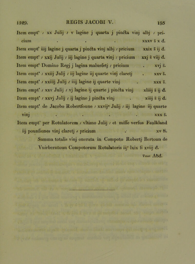 Item empt’ / xx JuHj / v lagine j quarta j pin6la vinj albj / pri- cium . , . XXXV s X d. xxix s ij d. xxj s viij d. . xvj s. XXV s. XXX s. xiiiij s ij d. xiiij s ij d. Item ernpt’ iiij lagine j quarta j pin6ta vinj albj / pricium Item empt’ / xxij Julij / iij lagine j quarta vinj / pricium Item empt’ Domino Regj j lagina maluefetj / pricium Item empt’ / xxiij Julij / iij lagine iij quarte vinj claretj Item empt’ / xxiiij Julij / iiij lagine ij quarte vinj Item empt’ / xxv Julij / vj lagine ij quarte j pin6la vinj Item empt’ / xxvj Julij / ij lagine j pin6ta vinj Item empt’ de Jacobo Robertfoune / xxvij° Julij / iij lagine iij quarte vinj .... XXX s. Item empt’ per Rotulatorem / vltimo Julij / et miffe verius Faulkland iij pounliones vinj claretj ^ pricium .• xv ti. Summa totalis vinj onerata in Compoto Robertj Bertoun de Vuirberntoun Compotorum Rotulatoris iij' Ixix ii xviij d. Tenet Abd.