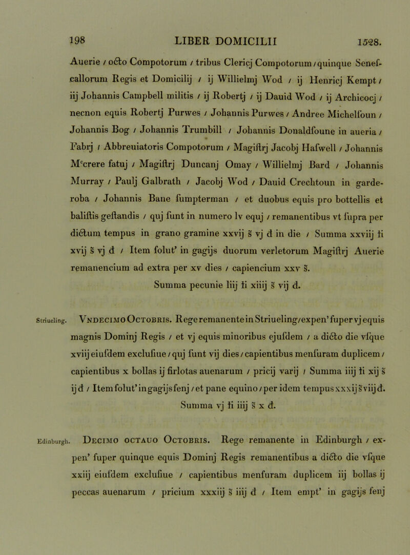Auerie / o6lo Compotorum / tribus Clericj Compotorum/quinque Senef- callorum Regis et Domicilij / ij Willielmj Wod / ij llenricj Kempt / iij Johannis Campbell militis / ij Robertj / ij Dauid Wod / ij Archicocj / necnon equis Robertj Purwes / Johannis Purwes / Andree Michellbun / Johannis Bog / Johannis Trumbill / Johannis Donaldfoune in aueria / Fabrj / Abbreuiatoris Compotorum / Magillrj Jacobj Hafwell / Johannis Maerere fatuj / Magillrj Duncanj Omay / Willielmj Bard / Johannis Murray / Paulj Galbrath / Jacobj Wod / Dauid Crechtoun in garde- roba / Johannis Bane fumpterman / et duobus equis pro bottellis et balillis gellandis / quj funt in numero Iv equj / remanentibus vt liipra per di6lum tempus in grano gramine xxvij s vj d in die / Summa xxviij ti xvij s vj d / Item folut’ in gagijs duorum verletorum Magillrj Auerie remanencium ad extra per xv dies / capiencium xxv §. Summa pecunie liij ti xiiij s vij d. striueiing. VNDECiMO OcTOBRis. Rege remanente in Striueling/expen’ fuper vj equis magnis Dominj Regis / et vj equis minoribus ejuldem / a di6lo die vlque xviijeiuldem exclufiue / quj funt vij dies/capientibus menfuram duplicem/ capientibus x bollas ij firlotas auenarum / pricij varij / Summa iiij ti xij s ijd / Item folut’in gagijs fenj/et pane equino/per idem tempus xxxijsviijd. Summa vj ti iiij s x d. Edinburgh. Decimo octauo Octobris. Rege remanente in Edinburgh / ex- pen’ fuper quinque equis Dominj Regis remanentibus a didto die vfque xxiij eiufdem exclufiue / capientibus menfuram duplicem iij bollas ij peccas auenarum / pricium xxxiij s iiij d / Item empt’ in gagijs fenj
