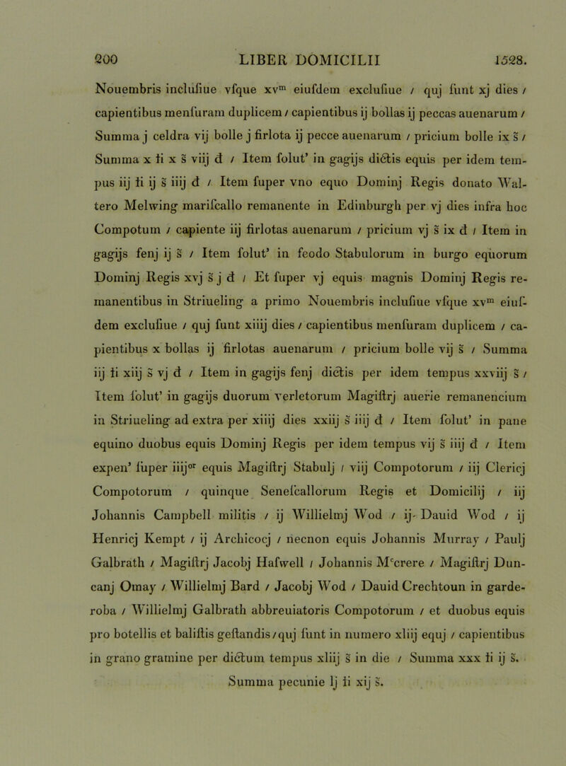 Nouembris incluliue vfque xv' eiufdem exclufiue / quj llint xj dies / capientibus menlUram duplicem / capientibus ij bollas ij peccas auenarum / Summa j celdra vij bolle j firlota ij pecce auenarum / pricium bolle ix s / Summa x ti x s viij d / Item folut’ in gagijs di6lis equis per idem tem- pus iij ii ij s iiij d / Item fuper vno equo Dominj Regis donato Wal- tero Melwing marircallo remanente in Edinburgh per vj dies infra hoc Compotum / capiente iij firlotas auenarum / pricium vj s ix d / Item in gagijs fenj ij s / Item folut’ in feodo Stabulorum in burgo equorum Dominj Regis xvj s j d / Et fuper vj equis magnis Dominj Regis re- manentibus in Striueling a primo Nouembris inclufme vfque xv“ eiuf- dem exclufiue / quj funt xiiij dies / capientibus menfuram duplicem / ca- pientibus X bollas ij firlotas auenarum / pricium bolle vij s / Summa iij ti xiij 5 vj d / Item in gagijs fenj dictis per idem tempus xxviij s / Item folut’ in gagijs duorum verletorum Magiltrj auerie remanencium in Striueling ad extra per xiiij dies xxiij s iiij d / Item folut’ in pane equino duobus equis Dominj Regis per idem tempus vij s iiij d / Item expen’ tiiper iiij<”^ equis Magiltrj Stabulj / viij Compotorum / iij Clericj Compotorum / quinque Senefcallorum Regis et Domicilij / iij Johannis Campbell militis / ij Willielmj Wod / ij- Dauid Wod / ij Henricj Kempt / ij Archicocj / necnon equis Johannis Murraj / Paulj Galbrath / Magiltrj Jacobj Hafwell / Johannis M‘crere / Magiltrj Dun- canj Omay / Willielmj Bard / Jacobj Wod / Dauid Crechtoun in garde- roba / Willielmj Galbrath abbreuiatoris Compotorum / et duobus equis pro botellis et baliltis geltandis/quj lunt in numero xiiij equj / capientibus in grano gramine per didtum tempus xiiij s in die / Summa xxx ii ij s. Summa pecunie Ij ii xij s.