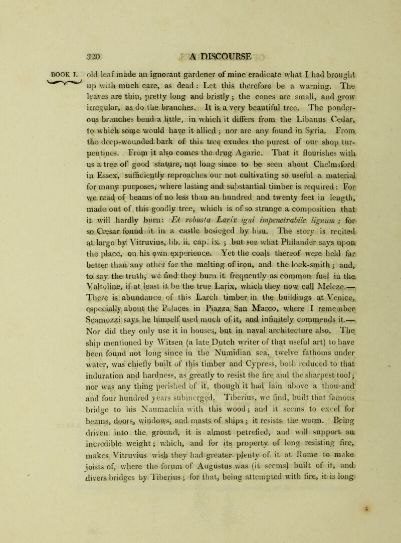 BOOK T. old leaf made an ignorant gardener of mine eradicate what I had brought up with much care, as dead : Let this therefore be a warning. The leaves are thin, pretty long and bristly ; the cones are small, and grow irregular, as do the branches. It is, a very beautiful tree. The ponder- ous branches bend a little, in which it differs from the Libanus Cedar, to which some would have it allied ; nor are any found in Syria. From the deep-wounded bark of this tree exudes the purest of our shop tur- pentines. From it also comes the drug Agaric. That it flourishes with us a tree of good stature, not long since to be seen about Chelmsford in Essex, sufficiently reproaches our not cultivating so useful a material for many purposes, where lasting and substantial timber is required: For \y:e read of beams of no less than an hundred and twenty feet in length, made out of this goodly tree, which is of so strange a composition that it will hardly burn: Et robust a Larix igni impenetrate, lignum j for so Caesar found it in a castle besieged by him. The story is recited at large by Vitruvius, lib. ii. cap. ix. ; but see what Philander says upon the place, on his. own experience. Yet the coals thereof were held far better than any other for the melting of iron, and the lock-smith ; and, to say the truth, we find they burn it frequently as common fuel in the Valtoline, if at least it be the true Larix, which they now call Meleze.— There is abundance of this Larch timber in the buildings at Venice, especially about the Palaces in Piazza San Marco, where I remember Scamozzi says he himself used much of it, and infinitely commends it.— Nor did they only use it in houses, but in naval architecture also. The ship mentioned by Witsen (a late Dutch writer of that useful art) to have been found not long since in the Numidian sea, twelve fathoms under water, was chiefly built of this timber and Cypress, both reduced to that induration and hardness, as greatly to resist the fire and the sharpest tool; nor was any thing perished of it, though it had lain above a thousand and four hundred years submerged. Tiberius, we find, built that famous brid ge to his Naumachia with this wood; and it seems to excel for beams, doors, windows, and masts of ships; it resists the worm. Being driven into the ground, it is almost petrefied, and will support an incredible weight; which, and for its property of long resisting fire, makes Vitruvius wish they had greater plenty of it at Rome to make ioists of, where the forum of Augustus was (it seems) built of it, and divers bridges by Tiberius; for that, being attempted with fire, it is long