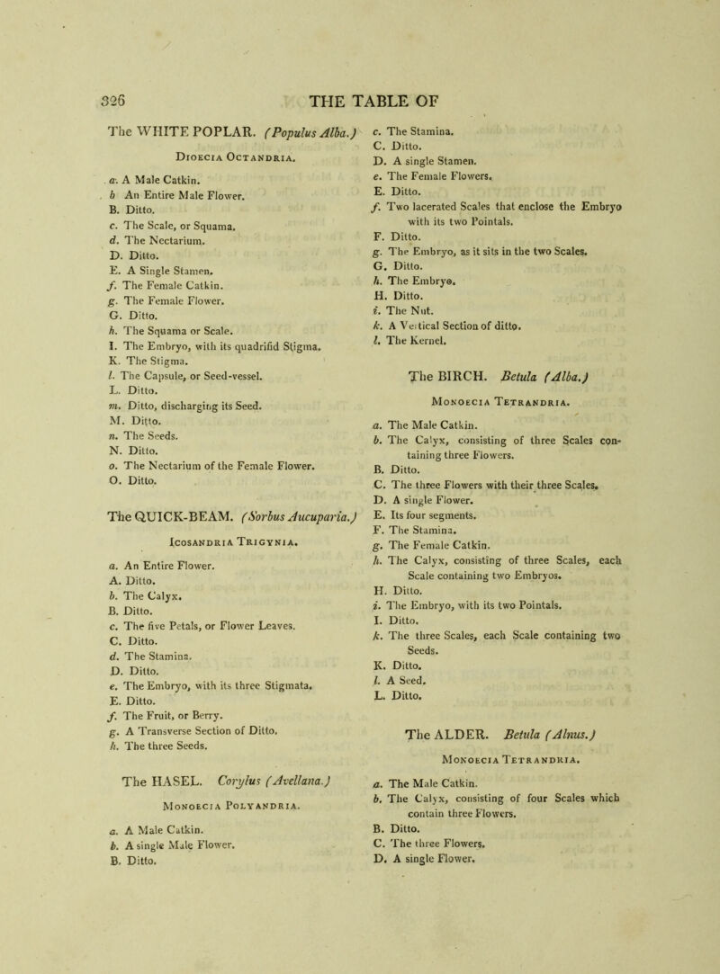 The WHITE POPLAR. (Populus Alba.) Dioecia Octandria. . a. A Male Catkin. b An Entire Male Flower. B. Ditto. c. The Scale, or Squama. d. The Nectarium. D. Ditto. E. A Single Stamen. f. The Female Catkin. g. The Female Flower. G. Ditto. h. The Squama or Scale. I. The Embryo, with its quadrifid Stigma. K. The Stigma. l. The Capsule, or Seed-vessel. L. Ditto. m. Ditto, discharging its Seed. M. Ditto. n. The Seeds. N. Ditto. o. The Nectarium of the Female Flower. O. Ditto. The QUICK-BEAM. (Sorbus Aucuparia.) IcOSANDRIA TRIGYNiA. a. An Entire Flower. A. Ditto. b. The Calyx. B. Ditto. c. The five Petals, or Flower Leaves. C. Ditto. d. The Stamina. D. Ditto. e. The Embryo, with its three Stigmata. E. Ditto. /. The Fruit, or Berry. g. A Transverse Section of Ditto, h. The three Seeds. The HASEL. Corylus (Avellana.) Monoecia Polyandria. a. A Male Catkin. b. A single Male Flower. B, Ditto. c. The Stamina. C. Ditto. D. A single Stamen. e. The Female Flowers. E. Ditto. f. Two lacerated Scales that enclose the Embryo with its two Pointals. F. Ditto. g. The Embryo, as it sits in the two Scales. G. Ditto. h. The Embryo. H. Ditto. i. The Nut. k. A Veitical Section of ditto. I. The Kernel. The BIRCH. Betula (Alba.) Monoecia Tetrandria. a. The Male Catkin. b. The Calyx, consisting of three Scales con- taining three Flowers. B. Ditto. C. The three Flowers with their three Scales, D. A single Flower. E. Its four segments. F. The Stamina. g. The Female Catkin. h. The Calyx, consisting of three Scales, each Scale containing two Embryos. H. Ditto. i. The Embryo, with its two Pointals. l. Ditto. A. The three Scales, each Scale containing two Seeds. K. Ditto. I. A Seed. L. Ditto. The ALDER. Betula (Alnus.) Monoecia Tetrandria. a. The Male Catkin. b. The Calyx, consisting of four Scales which contain three Flowers. B. Ditto. C. The three Flowers. D. A single Flower.