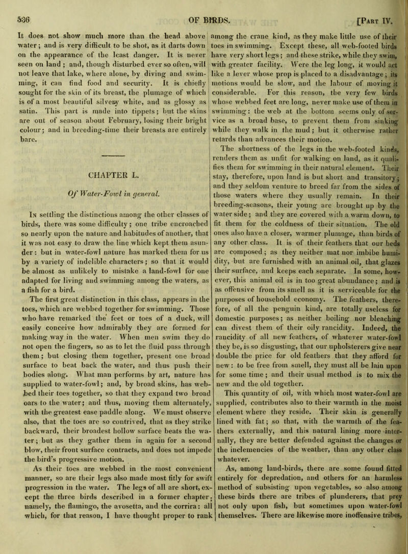 It does not show much more than the head above water; and is very difficult to be shot, as it darts down j on the appearance of the least danger. It is never seen on land ; and, though disturbed ever so often, will not leave that lake, where alone, by diving and swim- ming-, it can tind food and security. It is chiefly sought for the skin of its breast, the plumage of which is of a most beautiful silveny white, and as glossy as i satin. This part is made into tippets; but the skins j are out of season about February, losing their bright colour; and in breeding-time their breasts are entirely bare. CHAPTER L. Of Water-Fowl in general. In settling the distinctions among the other classes of birds, there was some difficulty ; one tribe encroached so nearly upon the nature and habitudes of another, that it was not easy to draw the line which kept them asun- der : but in water-fowl nature has marked them for us by a variety of indelible characters; so that it would be almost as unlikely to mistake a land-fowl for one adapted for living and swimming among the w aters, as a fish for a bird. The first great distinction in this class, appears in the toes, which are webbed together for swimming. Those who have remarked the feet or toes of a duck, will easily conceive how admirably they are formed for making way in the water. When men switn they do not open the fingers, so as to let the fluid pass through them; but closing them together, present one broad surface to beat back the water, and thus push their bodies along. What man performs by art, nature has supplied to water-fowl; and, by broad skins, has web- bed their toes together, so that they expand two broac oars to the water; and thus, moving them alternately, with the greatest ease paddle along. We must observe also, that the toes are so contrived, that as they strike backward, their broadest hollow surface beats the wa- ter ; but as they gather them in again for a second blow, their front surface contracts, and does not impede the bird’s progressive motion. As their toes are webbed in the most convenient manner, so are their legs also made most fitly for swift progression in the water. The legs of all are short, ex- cept the three birds described in a former chapter, namely, the flamingo, the avosetta, and the corrira: all which, for that reason, I have thought proper to rank among the crane kind, as they make little use of their toes in swimming. Except these, all web-footed birds have very short legs ; and these strike, while they swim, with greater facility. Were the leg long, it w'ould act like a lever whose prop is placed to a disadvantage ; its motions would be slowr, and the labour of moving it considerable. For this reason, the very few birds whose w'ebbed feet are long, never make use of them in swimming: the web at the bottom seems only of ser- vice as a broad base, to prevent them from sinking while they walk in the mud; but it otherwise rather ! retards than advances their motion. The shortness of the legs in the web-footed kinds, renders them as unfit for walking on land, as it quali- fies them for sw imming in their natural element. Their stay, therefore, upon land is but short and transitory; and they seldom venture to breed far from the sides of those waters where they usually remain. In their breeding-seasons, their young are brought up by the waterside; and they are covered with a warm down, to fit them for the coldness of their situation. The old ones also have a closer, warmer plumage, than birds of any other class. It is of their feathers that our beds are composed ; as they neither mat nor imbibe humi- dity, but are furnished with an animal oil, that glazes their surface, and keeps each separate. In some, how- ever, this animal oil is in too great abundance; and is as offensive from its smell as it is serviceable for the purposes of household economy. The feathers, there- fore, of all the penguin kind, are totally useless for domestic purposes; as neither boiling nor bleaching can divest them of their oily rancidity. Indeed, the rancidity of all new feathers, of whatever water-fowl they be, is so disgusting, that our upholsterers give near double the price for old feathers that they afford for new: to be free from smell, they must all be lain upon for some time; and their usual method is to mix the new and the old together. This quantity of oil, with which most water-fowl are supplied, contributes also to their warmth in the moist element w here they reside. Their skin is generally lined with fat; so that, with the warmth of the fea- thers externally, and this natural lining more inter- nally, they are better defended against the changes or the inclemencies of the w eather, than any other class whatever. As, among land-birds, there are some found fitted entirely for depredation, and others for an harmless method of subsisting upon vegetables, so also among these birds there are tribes of plunderers, that prey not only upon fish, but sometimes upon water-fowl themselves. There are likewise more inoffensive tribes,