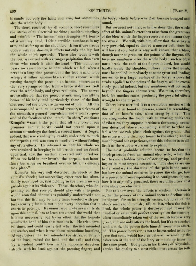 58ft it numbs not only the hand and arm, but sometimes also the whole body. The shock received, by all accounts, most resembles the stroke of an electrical machine ; sudden, tingling-, and painful. “ The instant,” says Kempfer, “ I touch- ed it with my hand, I felt a terrible numbness in my arm, and as far up as the shoulder. Even if one treads upon it with the shoe on, it affects not only the leg, but the whole thigh upwards. Those who touch it with the foor, are seized with a strong-er palpitation than even those who touch it with the hand. This numbness bears no resemblance to that which we feel when a nerve is a long time pressed, and the foot is said to be asleep; it rather appears like a sudden vapour, which passing through the pores in an instant, penetrates to the very springs of life, from whence it diffuses itself over the whole body, and gives real pain. The nerves are so affected, that the person struck imagines alb the bones of his body, and particularly those of the limb that received the blow, are driven out of joint. All this is accompanied with an universal tremor, a sickness of the stomach, a general convulsion, and a total suspen- sion of the faculties of the mind. In short,” continues Kempfer, “ such is the pain, that all the force of our promises and authority could not prevail upon a seaman to undergo the shock a second time. A Negro, indeed, that was standing by, readily undertook to touch the torpedo ; and was seen to handle it without'feeling aiiy of its effects. He informed us, that his whole se- cret consisted in keeping in his breath ; and we found, upon trial, that this method answered with ourselves. When we held in our breath, the torpedo was harm- less; but when we breathed ever so little, its efficacy took place.” Kempfer has very well described the effects of this animal’s shock ; but succeeding experience has abun- dantly convinced us, that holding in the breath no way jruards against its violence. Those, therefore, who, de. pending on that receipt, should play with a torpedo, would soon find themselves painfully undeceived : not but that this fish may be many times touched with per- fect security ; for it is not upon every occasion that it exerts its potency. Reaumur, who made several trials upon this animal, has at least convinced the world that it is not necessarily, but by an effort, that the torpedo numbs the hand of him that touches it. He tried seve- ral times, and could easily tell when the fish intended the stroke, and when it was about tocontinue harmless. Always before the fish intended the stroke, it flatten- ed the back, raised the head and the tail ; and then, by a violent contraction in the opposite direction struck with its Lack against the pressing finger; and the body, which before was flat, became humped and round. But we must not infer, as he has done, that the whole effect of this animal’s exertions arise from the greatness of the blow which the fingers receive at the instant they are sti’uck. We will, with him, allow that the stroke is very powerful, equal to that of a musket-ball, since he will have it so ; but it is very well known, that a blow, though never so great, on the points of the fingers, dif- fuses no numbness over the whole body: such a blow must break the ends of the fingers indeed, but would hardly numb the shoulder. Those blows that niunb, must be applied immediately to some great aud leading nerves, or to a large surface of the body; a powerful stroke applied to the points of the fingers will be exces- sively painful indeed, but the numbness will not reach beyond the fingers themselves. We must, therefore, look for another cause producing the powerful effects wrought by the torpedo. Others have ascribed it to a tremulous motion which this animal is found to possess, somewhat resembling that of an horse’s skin, when stung by a fly. This operating under the touch with an amazing quickness of vibration, they suppose produces the uneasy sensa- tion described above; something similar to what we feel when we rub plush cloth against the grain. But the cause is quite disproportioned to the effect ; and so much beyond our experience, that this solution is as dif- ficult as the wonder we want to explain. 1 ,ii The most probable solution seems to be, that the shock proceeds from an animal electricity, which this fish has some hidden powrer of storing up, and produc- ing on its most urgent occasions. The shocks are en- tirely similar; the duration of the pain is the same: but how the animal contrives to renew the charge, how' it is prevented from evaporating it on contiguous objects, how it is originally procured, these are difficulties that time alone can elucidate. But to know even the effects is wisdom. Certain it is, that the powers of this animal seem to decline with its vigour; for as its strength ceases, the force of the shock seems to diminish ; till, at last, when the fish is dead, the whole power is destroyed, and it may be handled or eaten with perfect security : on the contrary, when immediately taken out of the sea, its force is very great, and not only affects the hand, but if even touched with a stick, the person finds himself sometimes affect- ed. This power, how'ever, is not to be extended to the de- gree that some would have us believe ; as reaching the fishermen at the end of the line, or numbing fishes in the same pond. Godignus, in his History oi Abyssinia, carries this quality to a most ridiculous excess: he tells