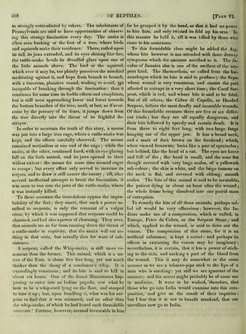 as strongly contradicted by others. The inhabitants of Pennsylvania are said to have opportunities of observ- ing this strange fascination every day. The snake is often seen basking at the foot of a tree, where birds and squirrels make their residence. There, coiled upon its tail, its jaws extended, and its eyes shining like fire, the rattle-snake levels its dreadful glare upon one of the little animals above. The bird or the squirrel, which ever it may be, too plainly perceives the mischief meditating against it, and hops from branch to branch, with a timorous, plaintive sound, wishing to avoid, ypt incapable of breaking through the fascination : thus it continues for some time its feeble efforts and complaints, but is still seen approaching lower and lower towards the bottom branches of the tree, until, at last, as if over- come by the potency of its fears, it jumps down from the tree directly into the throat of its frightful de- stroyer. In order to ascertain the truth of this story, a mouse was put into a large iron cage, where a rattle-snake was kept, and the effects carefully observed. The mouse remained motionless at one end of the cage ; while the snake, at the other, continued fixed, with its eye glaring full on the little animal, and its jaws opened to their widest extent: the mouse for some time seemed eager to escape; but every effort only served to increase its terrors, and to draw it still nearer the enemy ; till, after several ineffectual attempts to break the fascination, it was seen to run into the jaws of the rattle-snake, where it was instantly killed. To these accounts the incredulous oppose the impro- bability of the fact; they assert, that such a power as- cribed to serpents, is only the remnant of a vulgar error, by which it was supposed that serpents could be charmed, and had also a power of charming. They aver, that animals are so far from running down the throat of a rattle-snake in captivity, that the snake will eat no- thing in that state, but actually dies for want of sub- sistence. A serpent, called the Whip-snake, is still more ve- nomous than the former. This animal, which is a na- tive of the East, is about five feet long, yet not much thicker than the thong of a coachman’s whip. It is exceedingly venomous ; and its bite is said to kill in about six hours. One of the Jesuit Missionaries hap- pening to enter into an Indian pagoda, saw what he took to be a whip-cord lying on the floor, and stooped to take it up; but, upon handling it, what was his sur- prise to find that it was animated, and no other than the whip-snake, of which he had heard such formidable accounts ! Fortune, however, seemed favourable to him [Part VI. for he grasped it by the head, so that it had no power to bite him, and only twisted its fold up his arm. In this manner he held it, till it was killed by those who came to his assistance. To this formidable class might be added the Asp, whose bite however is not attended with those drowsy symptoms which the ancients ascribed to it. The Ja- culus of Jamaica also is one of the swiftest of the ser- pent kind. The Heemorrhois, so called from the hae- morrhages which its bite is said to produce ; the Seps, whose wound is very venomous, and causes the part affected to corrupt in a very short time; the Coral Ser- pent, which is red, and whose bite is said to be fatal. But of all others, the Cobra di Capello, or Hooded Serpent, inflicts the most deadly and incurable wounds. Of this formidable creature there are five or six differ- ent kinds ; but they are all equally dangerous, and their bite followed by speedy and certain death. It is from three to eight feet long, with two large fangs hanging out of the upper jaw. It has a broad neck, and a mark of dark brown on the forehead; which, when viewed frontwise, looks like a pair of spectacles; but behind, like the bead of a cat. The eyes are fierce and full of fire ; the head is small, and the nose flat though covered with very large scales, of a yellowish ash-colour; the skin is white, and the large tumour on the neck is flat, and covered with oblong, smooth scales. The bite of this animal is said to be incurable, the patient dying in about an hour after the wound ; the whole frame being dissolved into one putrid mass of corruption. To remedy the bite of all these animals, perhaps sal- lad oil would be very efficacious: however, the In- dians make use of a composition, which is called, in Europe, Petro de Cobra, or the Serpent Stone; and which, applied to the wound, is said to draw out the venom. The composition of this stone, for it is an artificial substance, is kept a secret: and perhaps its effects in extracting- the venom may be imaginary: nevertheless, it is certain, that it has a power of stick- ing to the skin, and sucking a part of the blood from the wound. This it may do somewhat in the same manner as we see a tobacco-pipe stick to the lips of a man who is smoking: yet still we are ignorant of the manner; and the secret might probably be of some use in medicine. It were to be wished, 'therefore, that those who go into India would examine into this com- position, and give us the result of their inquiries: but I fear that it is not to benefit mankind, that our travellers now go to India.