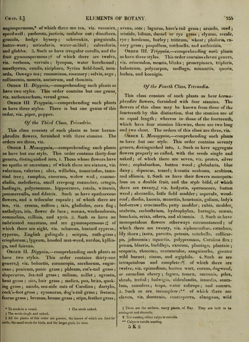 angiospermous,* of which there are ten, viz. veronica, speedwell; paederota, justicia, malabar nut; diantheca, gratiola, hedge hyssop; schwenkia, pinguicula, butter-wort; utricularia, water-milfoil; calceolaria, and globba. 3. Such as have irregular corolla, and the fruit gymnospermous ;f of which there are twelve, viz. verbena, vervain ; lycopus, water horehound; amethystea, cunila, zizipliora, Syrian field-basil, mon- arda, Oswego tea; rosmarinus, rosemary ; salvia, sage ; collinsonia, monria, ancistrum, and thouinia. Order II. Digynia,—comprehending such plants as have two styles. This order contains but one genus, viz. authoxanthum, vernal grass. Order III Trigynia,—comprehending such plants as have three styles: There is but one genus of this order, viz. piper, pepper. Of the Third Class, Triandria. This class consists of such plants as bear herma- phrodite flowers, furnished with three stamina The orders are three, viz. Order I. Monogynia,—comprehending such plants i as have but one style. This order contains thirty-four genera, distinguished into, 1. Those whose flowers have no spatha or amentum; of which there are sixteen, viz. valeriana, valerian ; olax, willichia, tamarindus, tama- rind tree ; rumphia, cneorum, widow w ail ; canmio- cladia, melotheria, small creeping cucumber, ortegia, i loeslingia, polycnemum, hippocratea, rotala, witsenia, ! pommereulla, and dilatris. Such as have spathaceous flowers, aud a trilocular capsule; of which there are ten, viz. crocus, saffron ; ixia, gladiolus, corn flag ; antholyza, iris, flower de luce ; moraea, wachendorsia, ; commelina, c&liisia, and xyris. 3. Such as have an [ imbricated amentum, and are gymnospermous of | which there are eight, viz. schoenus, bastard cypress; cyperus, English galingale : scirpus, ruth-grass; j eriophorum ; lygeum, hooded mat-weed, nardus, kyllin- ga, and fuirena. Order II. Digynia,—comprehending' such plants as j have two styles. This order contains thirty-one I genera,§ viz. bobartia, cornucopia, saccharum, sugar- I cane ; panicum, panic grass ; phleum, cat’s-tai! grass : l alopecurus, fox-tail grass ; milium, millet ; agrostis, 1 bent grass : aira, hair grass ; melica, poa, briza, quak- ing grass; uniola, sea-side oats of Carolina; dactylis, | cock’s-foot grass ; cynosurus, dog’s-tail grass ; festuca, fescue grass ; broinus, brome grass ; stipa, feathergrass; * Th seeds in a vessel. t The seeds naked. } The seeds single and naked. § All the plants of this order are grasses, the leaves of which are food for ! cattle, the small seeds for birds, and the larger grain for man. avena, oats ; lagurus, hare’s-tail grass ; arundo, reed ; aristida, loliurn, darnel or rye grass ; elymus, secale, rye ; hordeum, barley ; triticum, wheat; phalaris, ca- nary grass; paspallum, rotthoella, and anthistiria. Order III. Trigynia,—comprehending such plants as have three styles. This order contains eleven genera, viz. eriocaulon, moutia, blinks ; proserpinaca, triplaris, halosteum, polycarpon, mollugo, minuartia, queria, lechea, and koenigia. Of the Fourth Class, Tetrandia. This class consists of such plants as bear herma- phrodite flowers, furnished with four stamina. The flowers of tin’s class may be known from those of the fourteenth by this distinction, that the stamina are of an equal length ; whereas in' those of the fourteenth, which have four stamina likewise, there are two long and two short. The orders of this class are three, viz. Order I. Monogynia,—comprehending such plants as have but one style. This order contains seventy genera, distinguished into, 1. Such as have aggregate flowers properly so called, with the seeds single and naked; of which there are seven, viz. protea, silver tree; cephalanthus, button wood; globularia, blue daisy; dipsacus, teazel; knautia scabiosa, scabious, and alliouia. 2. Such as have their flowers monopeta- ious on a double fruit, and the style bifid, of which there are twenty,|| viz. hedyotis, sperrnacoce, button weed ; sberardin, little field madder; asperula, wood- roof; diodia, kuoxia, manettia, houstonia, galium, lady’s bed-straw; crucianella, petty madder; rubia, madder, scabrita, embothrium, hydrophylax, hartogia, acaena, bancksia, orixa, othera, and skimmia. 3. Such as have mouopetalous flowers otherways circumstanced; of which there are twenty, viz. siphonanthus, catesbsea, lily thorn ; ixora, pavetta, petesia, tnitchella, callicar- pa, johnsonia; aquartia, polypremuin, Carolina flax ; penaea, blaeria, buddleja, exacum, plantago, plantain ; scoparia, rhacoma, centunculus, sanguisorba, greater wild burnet; cissus, and aegiphila. 4. Such as are tetrapetalous and complete :^[ of which there are twelve, viz. epimedium, barren wort, cornus, dogwood, or cornelian cherry ; fagara, tomex, amaunia, ptlea, shrub, trefoil ; ludwigia, oldenlandia, isnardia, santa- lum, saunders; trapa, wafer caltrops; and samara. 5. Such as are incomplete:** of which there are eleven, viz. dorstenia, contrayerva, elaeagnus, wild || These are the stellatae, starry plants, of Ray. They are held to be astringent and diurectic. f Not wanting either calyx or eorroll*. ** Calyx or corolla wanting. 5 K 2