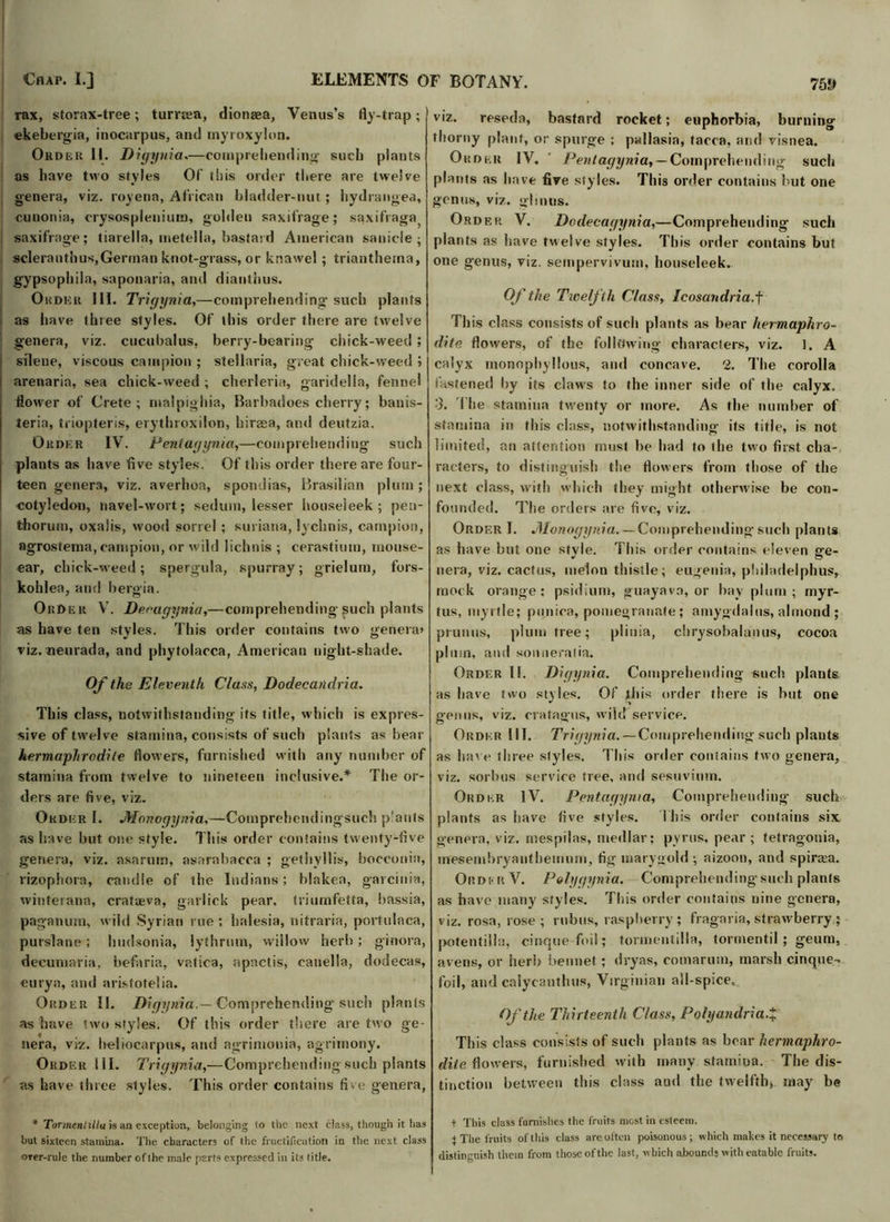 rax, storax-tree; turnea, dionaea, Venus’s fly-trap; ekebergia, inocarpus, and myroxylon. Order II. Digynia,—comprehending such plants as have two styles Of this order there are twelve genera, viz. royena, African bladder-nut; hydrangea, cunonia, erysosplenium, golden saxifrage; saxifraga, saxifrage; tiarella, metella, bastard American saniele ; scleranthus,German knot-grass, or knawel ; trianthema, gypsophila, saponaria, and diauthus. Order 111. Trigynia,—comprehending such plants as have three styles. Of this order there are twelve genera, viz. cucubalus, berry-bearing chick-weed ; silene, viscous campion ; stellaria, great chick-weed > arenaria, sea chick-weed ; cherlevia, garidella, fennel flower of Crete; malpighia, Barbadoes cherry; banis- teria, triopteris, erythroxilon, hirsea, and deutzia. Order IV. Pentagynia,—comprehending such plants as have five styles. Of tins order there are four- teen genera, viz. averhoa, spondias, Brasilian plum; cotyledon, navel-wort; sedum, lesser houseleek ; pen- fchorum, oxalis, wood sorrel ; suriana, lychnis, campion, agrostema, campion, or wild lichnis ; cerastium, mouse- ear, chick-weed; spergula, spurray; grielum, fors- kohlea, and bergia. Order V. Derugynia,—comprehending such plants as have ten styles. This order contains two genera* viz. neurada, and phyfolacca, American night-shade. Of the Eleventh Class, Dodecandria. This class, notwithstanding its title, which is expres- sive of twelve stamina, consists of such plants as bear hermaphrodite flowers, furnished with any number of stamina from twelve to nineteen inclusive.* The or- ders are five, viz. Order I. Alonogyiria,—Comprehendingsuch plants as have but one style. This order contains twenty-five genera, viz. nsaruin, asarabacca ; gethyllis, bocconia, rizophora, candle of the Indians; blakea, garcinia, winterana, cratueva, garlick pear, triumfetta, bassia, paganum, wild Syrian rue ; halesia, nitraria, portulaca, purslane ; hudsonia, lythrum, willow herb ; ginora, decumaria, befaria, vatica, apactis, canella, dodecas, curya, and arisfotelia. Order II. Digynia.— Comprehending such plants as have two styles. Of this order there are two ge- nera, viz. heliocarpus, and agrimonia, agrimony. Order III. Trigynia,—Comprehendingsuch plants as have three styles. This order contains five genera, * Tormentillu is an exception, belonging to the next class, though it has but sixteen stamina. The characters of the fructification in the next class orer-rule the number of the male parts expressed in its title. viz. reseda, bastard rocket; euphorbia, burning thorny plant, or spurge ; paliasia, taeca, and visnea. Order IV. Pentagynia,— Comprehending such plants as have five styles. This order contains but one genus, viz. glmus. Order V. Dcdecagynia,—Comprehending such plants as have twelve styles. This order contains but one genus, viz. sempervivum, houseleek. Of the Twelfth Class, Icosandria. f This class consists of such plants as bear hermaphro- dite flowers, of the following- characters, viz. ]. A calyx monophyllous, and concave. 'L The corolla fastened by its claws to the inner side of the calyx. 3. The stamina twenty or more. As the number of stamina in this class, notwithstanding its title, is not limited, an attention must be bad to the two first cha- racters, to distinguish the flowers from those of the next class, with which they might otherwise be con- founded. The orders are five, viz. Order I. JSIonogynia. — Comprehending such plants as have but one style. This order contains eleven ge- nera, viz. cactus, melon thistle; eugenia, philadelphus, mock orange; psidiunt, guayava, or bay plum; myr- tus, myrtle; punica, pomegranate; amygdalns, almond ; primus, plum tree; pliuia, chrysobalanus, cocoa plum, and somieralia. Order II. Digynia. Comprehending such plants as have two styles. Of this order there is hut one genus, viz. cratagus, wild service. Order III. Trigynia. — Comprehending such plants as have three styles. This order contains two genera, viz. sorbus service tree, and sesuvium. Order IV. Pentagynia, Comprehending such plants as have five styles. 'This order contains six genera, viz. mespilas, medlar; pyrus, pear; tetragonia, mesembryanthemnni, fig marygold ; aizoon, and spiraea. Order V. Pelygynia. Comprehending such plants as have many styles. This order contains nine genera, viz. rosa, rose; rubus, raspberry; fragaria, strawberry; potentiila, cinque foil; tormentilla, tormentil ; geurn, avens, or herb bennet; dryas, cotnaruin, marsh cinque- foil, and calycantlius, Virginian all-spice. Of the Thirteenth Class, Polyandria.% This class consists of such plants as bear hermaphro- dite flowers, furnished with many stamina. The dis- tinction between this class and the twelfth, may be t This class furnishes the fruits most in esteem. } The fruits of this class are often poisonous; which mates it necessary to distinguish them from those of the last, which abounds with eatable fruits.