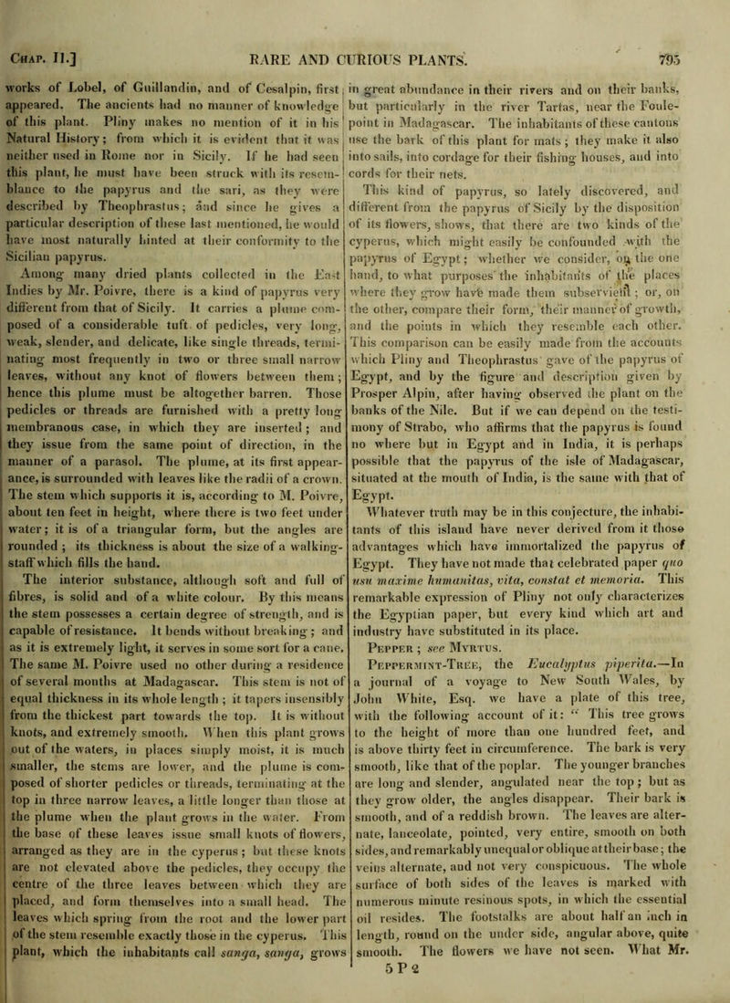 works of Lobel, of Guillandin, and of Cesalpin, first appeared. The ancients had no manner of knowledge of this plant. Pliny makes no mention of it in his Natural History; from which it is evident that it was neither used in Rome nor in Sicily. If he had seen this plant, he must have been struck with its resem- blance to the papyrus and tiie sari, as they ay ere described by Theophrastus; and since he gives a particular description of these last mentioned, he would have most naturally hinted at their conformity to the Sicilian papyrus. Among many dried plants collected in the Ea-t Indies by Mr. Poivre, there is a kind of papyrus very different from that of Sicily. It carries a plume com- posed of a considerable tuft of pedicles, very long, Aveak, slender, and delicate, like single threads, termi- nating most frequently in two or three small narrow leaves, without any knot of flowers betAveen them; hence this plume must be altogether barren. Those pedicles or threads are furnished with a pretty long : membranous case, in which they are inserted ; and I they issue from the same point of direction, in the manner of a parasol. The plume, at its first appear- ance's surrounded with leaves like the radii of a crown. ' The stem which supports it is, according to M. Poivre, j about ten feet in height, where there is two feet under | water; it is of a triangular form, but the angles are rounded ; its thickness is about the size of a walking- staff which fills the band. The interior substance, although soft and full of | fibres, is solid and of a white colour. By this means ■ the stem possesses a certain degree of strength, and is capable of resistance. It bends without breaking ; and | as it is extremely light, it serves in some sort for a cane, i The same M. Poivre used no other during a residence j of several months at Madagascar. This stem is not of equal thickness in its whole length ; it tapers insensibly | from the thickest part towards the top. It is without i knots, and extremely smooth. When this plant grows out of the waters, in places simply moist, it is much smaller, the stems are lower, and the plume is com- j posed of shorter pedicles or threads, terminating’ at the ! top in three narrow leaves, a little longer than those at the plume Avhen the plant grows in the water. From ; the base of these leaves issue small knots of flowers, t arranged as they are in the cyperus; but these knots I are not elevated above the pedicles, they occupy the centre of the three leaves between which they are I placed, and form themselves into a small head. The ' leaves which spring from the root and the lower part of the stem resemble exactly those in the cyperus. This j plant, which the inhabitants call sanga, sang a, grows in great abundance in their rivers and on their banks, but particularly in the river Tartas, near the Fouie- point in Madagascar. The inhabitants of these cantons use the bark of this plant for mats ; they make it also into sails, into cordage for their fishing houses, and into cords for their nets. This kind of papyrus, so lately discovered, and different from the papyrus of Sicily by the disposition of its flowers, show’s, that there are two kinds of the cyperus, which might easily be confounded with the papyrus of Egypt; Avhether avc consider, og the one hand, to Avhat purposes the inhabitants of the places Avhere they grow havfe made them subservietil; or, on the other, compare their form, their manner of growth, and the points in which they resemble each other. This comparison can be easily made from the accounts which Pliny and Theophrastus gave of the papyrus of Egypt, and by the figure and description given by Prosper Alpin, after having observed die plant on the banks of the Nile. But if Ave cau depend on the testi- mony of Strabo, who affirms that the papyrus is found no Avhere but in Egypt and in India, it is perhaps possible that the papyrus of the isle of Madagascar, situated at the mouth of India, is the same with that of Egypt. Whatever truth may be in this conjecture, the inhabi- tants of this island have never derived from it those advantages which have immortalized the papyrus of Egypt. They have not made that celebrated paper quo usu maxime humanitas, vita, constat et memoria. This remarkable expression of Pliny not only characterizes the Egyptian paper, but every kind which art and industry have substituted in its place. Pepper ; see Myrtus. Peppermint-Tree, the Eucalyptus piperita.—In a journal of a voyage to New South Wales, by John White, Esq. we have a plate of this tree, with the following account of it: This tree grows to the height of more than one hundred feet, and is above thirty feet in circumference. The bark is very smooth, like that of the poplar. The younger branches are long and slender, angulated near the top ; but as they grow older, the angles disappear. Their bark is smooth, and of a reddish brown. The leaves are alter- nate, lanceolate, pointed, very entire, smooth on both sides, and remarkably unequal or oblique at their base; the veins alternate, aud not very conspicuous. The Avhole surface of both sides of the leaves is marked with numerous minute resinous spots, in which the essential oil resides. The footstalks are about half an inch in length, round on the under side, angular above, quite smooth. The flowers Ave have not seen. What Mr. 5 P 2