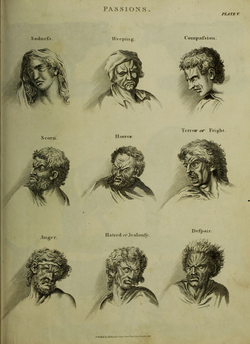 PASSIONS PLATE V. S adnefs. S corn. Horror. Conrpafsion Terror or Fright. Hatred or Jealoniy. Anger. Weeping. /%Htjkcel ty£23wards Cntnt Ca&<&U*StrtetImJm rhS