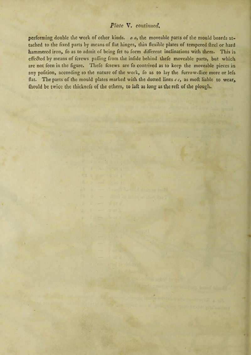 performing double the work of other kinds, a a, the moveable parts of the mould boards at- tached to the fixed parts by means of flat hinges, thin flexible plates of tempered fteel or hard hammered iron, fo as to admit of being fet to form different inclinations with them. This is effe£led by means of fcrews paffing from the infide behind thefe moveable parts, but which are not feen in the figure. Thefe fcrews are fo contrived as to keep the moveable pieces in any pofition, according to the nature of the work, fo as to lay the furrow-llice more or lefs flat. The parts of the mould plates marked with the dotted lines c r, as mofl liable to wear,, (hould be twice the thicknefs of the others, to laft as long as the reft of the plough.