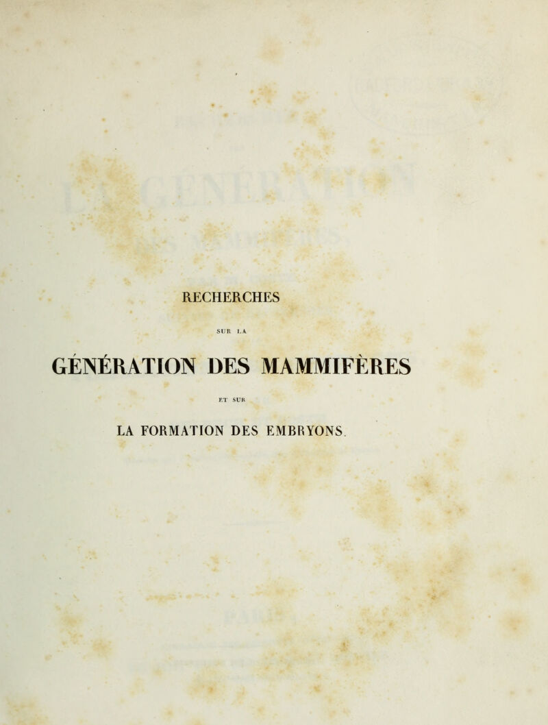 SUK L A. GÉNÉRATION DES MAMMIFÈRES ET SUR