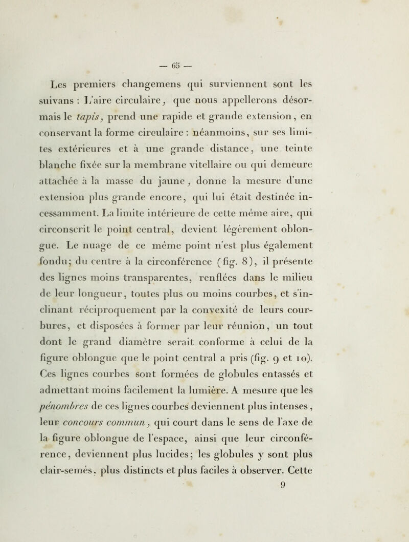 6:5 — Les premiers changemens qui surviennent sont les suivans : L’aire circulaire, que nous appellerons désor- mais le tapis, prend une rapide et grande extension, en conservant la forme circulaire : néanmoins, sur ses limi- tes extérieures et «à une grande distance, une teinte blanche fixée sur la membrane vitellaire ou qui demeure attachée à la masse du jaune, donne la mesure d’une extension plus grande encore, qui lui était destinée in- cessamment. La limite intérieure de cette même aire, qui circonscrit le point central, devient légèrement oblon- gue. Le nuage de ce même point n’est plus également fondu; du centre à la circonférence (fig. 8), il présente des lignes moins transparentes, renflées dans le milieu de leur longueur, toutes plus ou moins courbes, et s’in- clinant réciproquement par la convexité de leurs cour- bures, et disposées à former par leur réunion, un tout dont le grand diamètre serait conforme à celui de la figure oblongue que le point central a pris (fig. 9 et 10). Ces lignes courbes sont formées de globules entassés et admettant moins facilement la lumière. A mesure que les pénombres de ces lignes courbes deviennent plus intenses, leur concours commun, qui court dans le sens de l’axe de la figure oblongue de l’espace, ainsi que leur circonfé- rence, deviennent plus lucides; les globules y sont plus clair-semés. plus distincts et plus faciles à observer. Cette 9